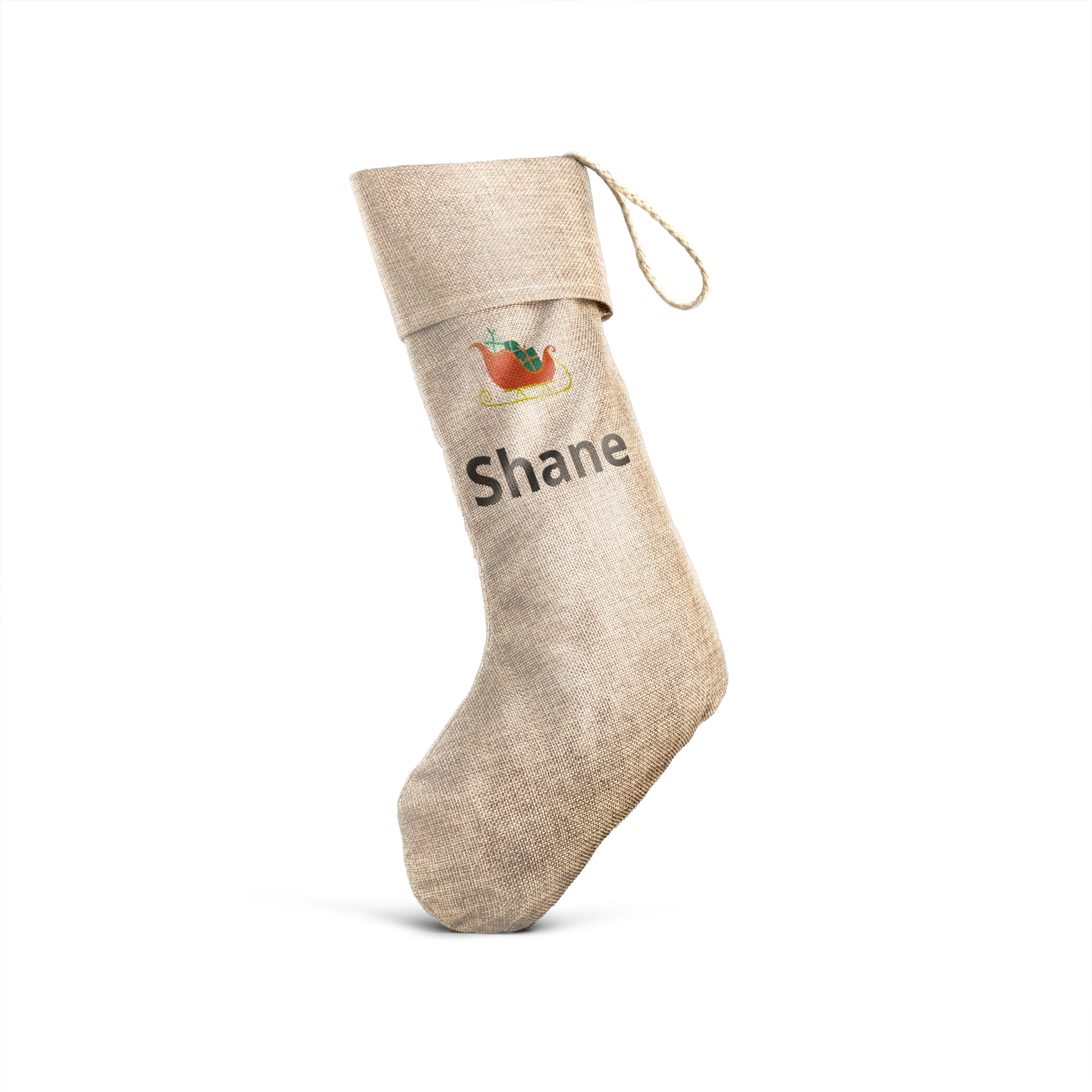 Személyre szabott karácsonyi zokni barna jutából, piros szánkóval és Shane névvel nyomtatva
