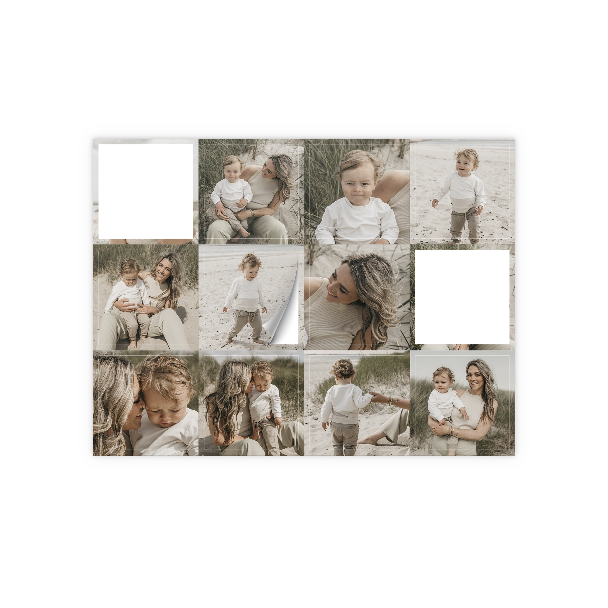 Hoja de pegatinas personalizadas con varias fotos de un bebé y su madre en la playa, impresas con tus diseños.