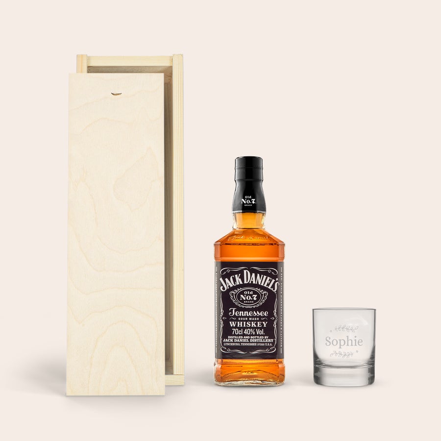 Whisky Jack Daniels în carcasă personalizată Set cadou personalizat cu sticlă Jack Daniel's, pahar gravat cu numele Sophie și cutie din lemn