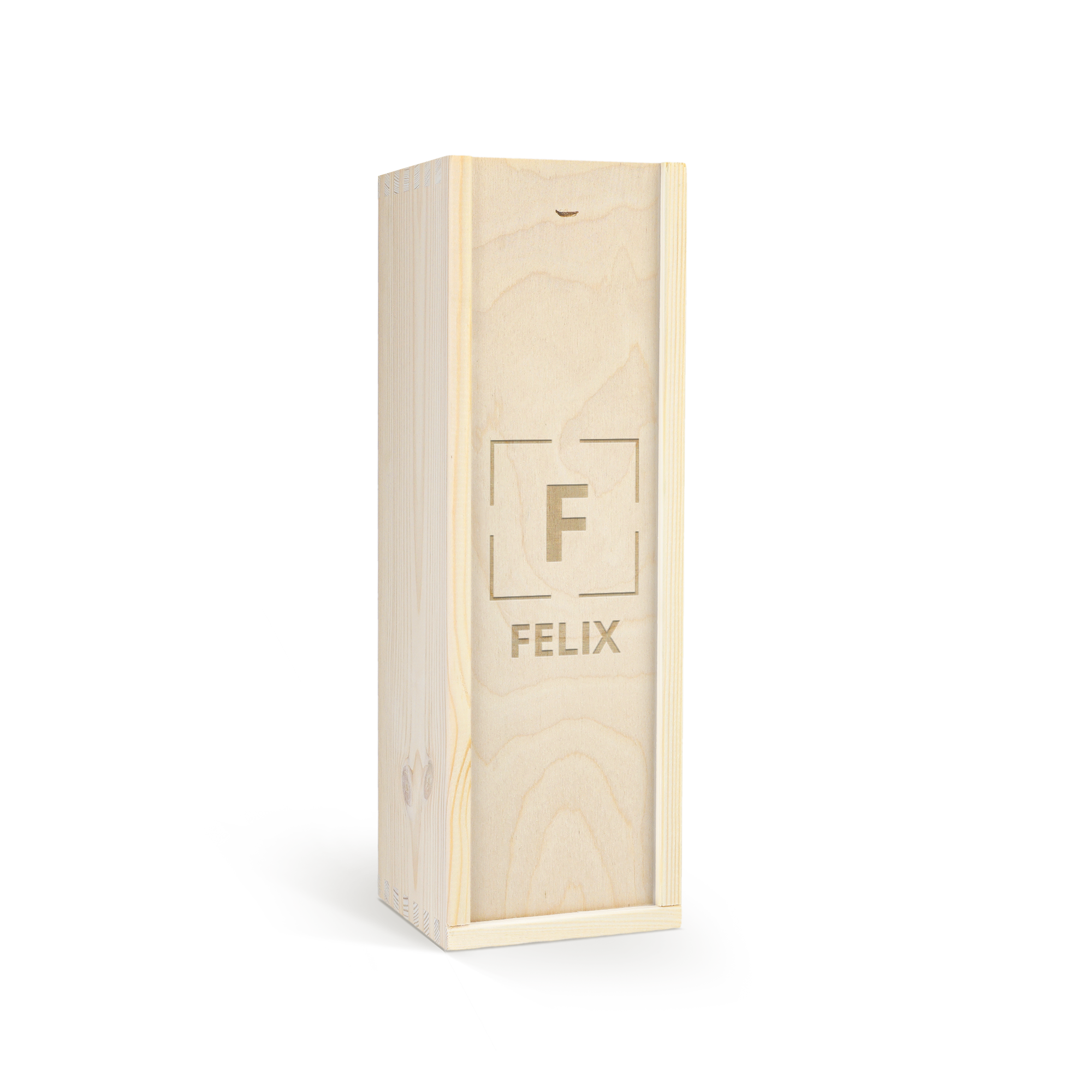 Flasche Cava Palau Semi Seco in einer Holzkiste mit graviertem Design und dem Namen Felix