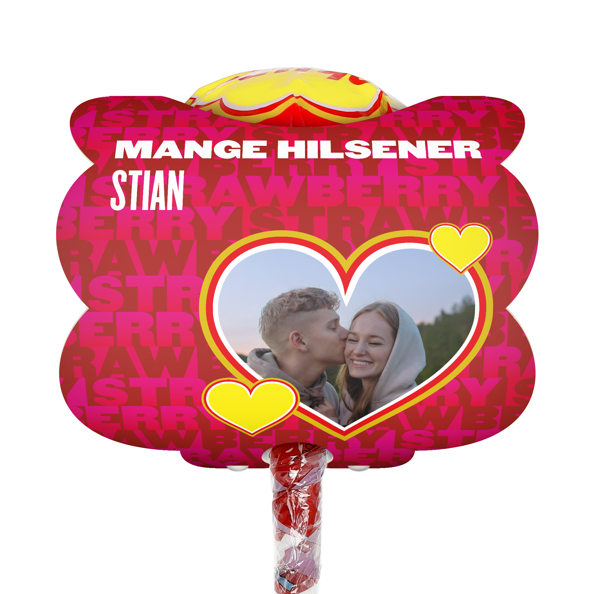 Personlig Mega Chupa Chups Jordbær med 20 ispinner, eget bilde i hjerteramme og teksten "MANGE HILSENER STIAN" på etiketten.