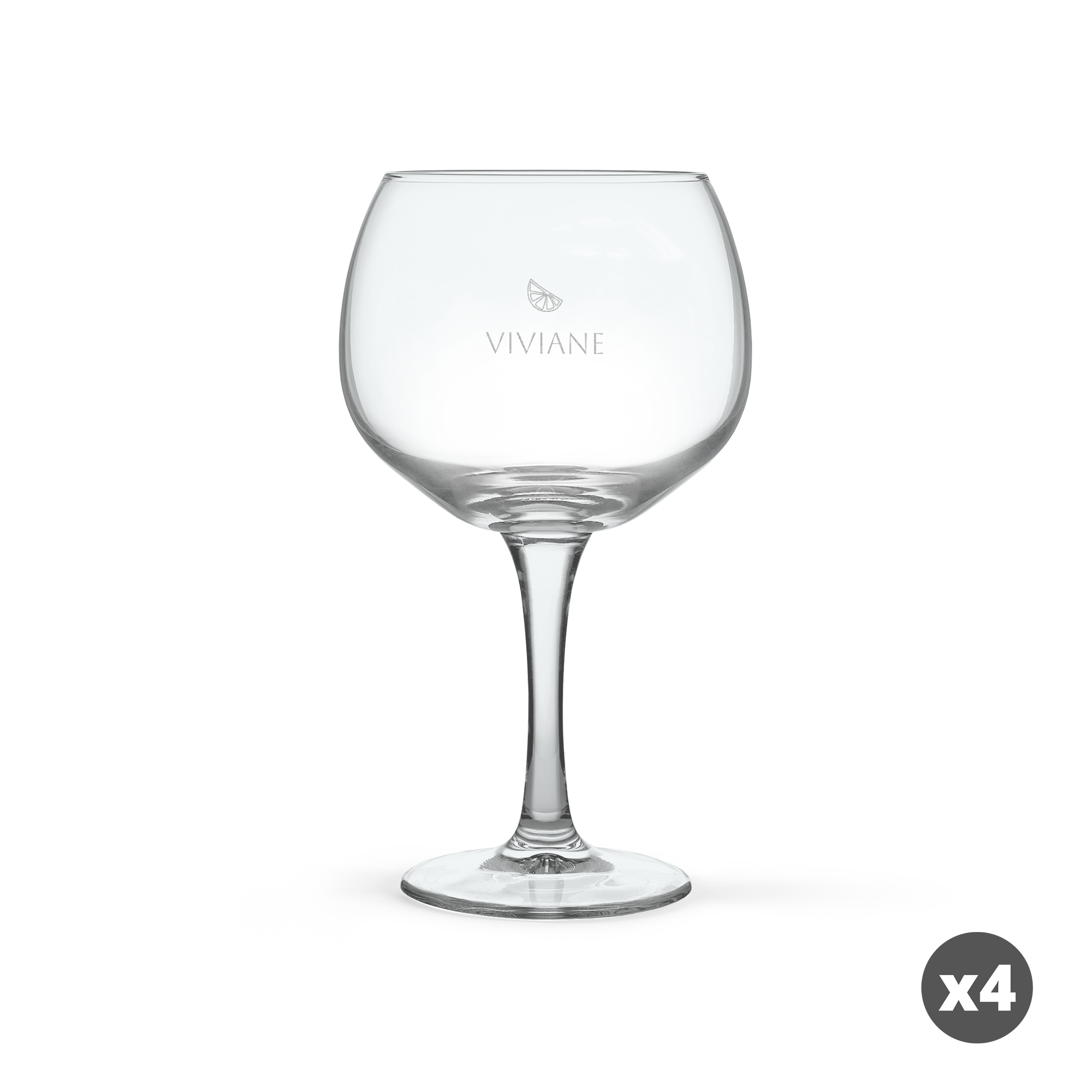 Un verre à gin ballon personnalisé avec le nom Viviane gravé au laser, accompagné d'une petite illustration de citron.