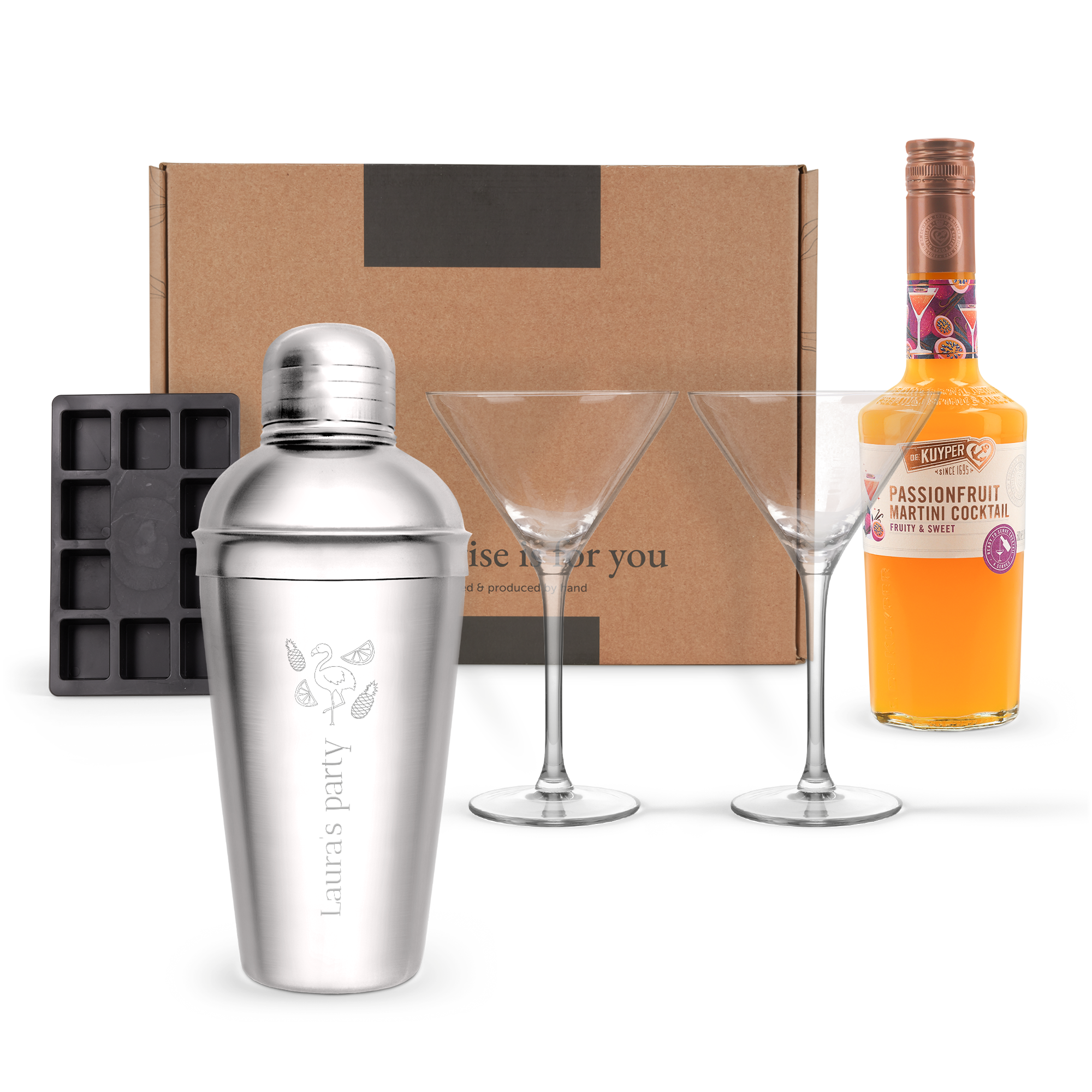 Pornstar Martini cocktail gift set with a personalized engraved stainless steel shaker and two glasses