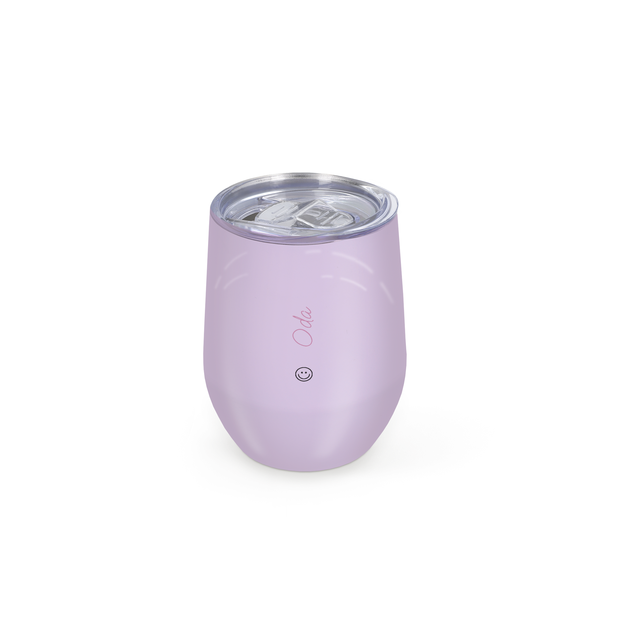 Reisekopp med lokk - 350 ml - Lilla med gravert Oda-navn og smilefjes, klar for personalisering