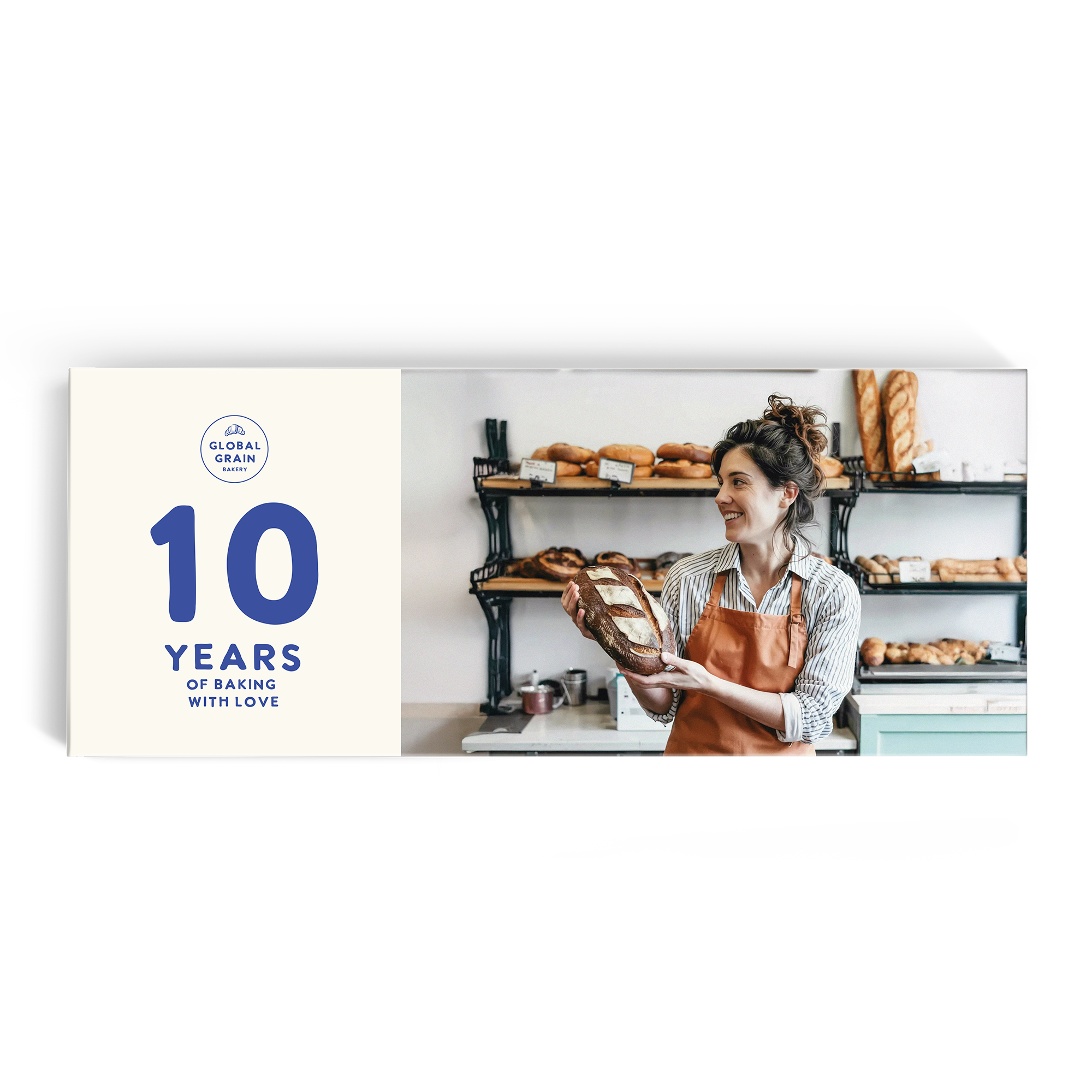 Personalised Mega chocolate bar - Ritter Sport - 8 bars, featuring a baker in an apron holding fresh bread, printed with 10 years of baking with love.
