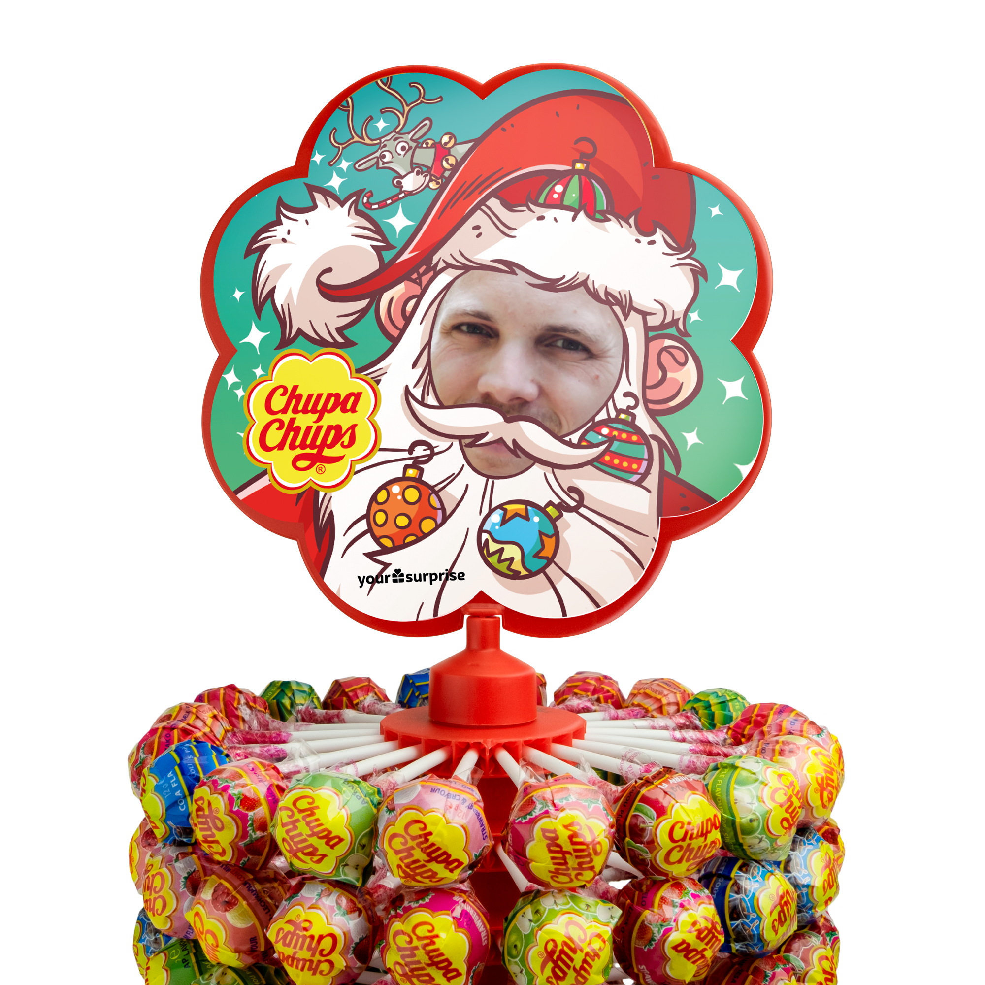 Torre di Chupa Chups personalizzata con foto di uomo stampata su Babbo Natale, tanti lecca lecca colorati