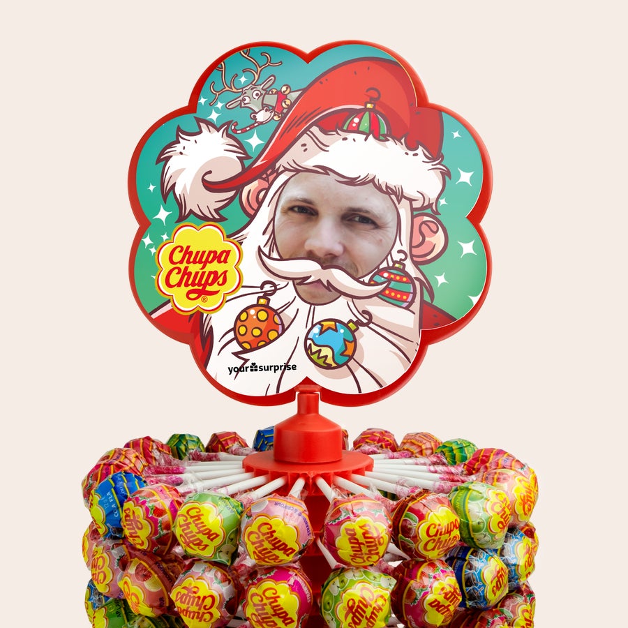 Torre personalizada de Chupa Chups Torre de piruletas Chupa Chups personalizada con la foto de un hombre en diseño de Papá Noel.