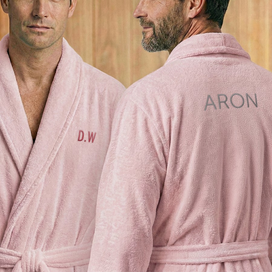 Bathrobe - Men Personalized Bathrobe for Men With Text- Pink L/XL, showing a pink terry cloth bathrobe embroidered with custom names.