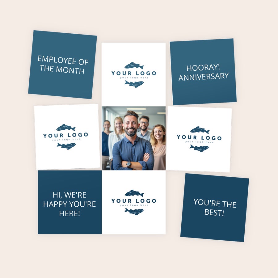 Personalizowane magnesy Zestaw dziewięciu spersonalizowanych magnesów z logo, zdjęciem i tekstem, z nadrukowanym napisem "YOUR LOGO" i "EMPLOYEE OF THE MONTH".