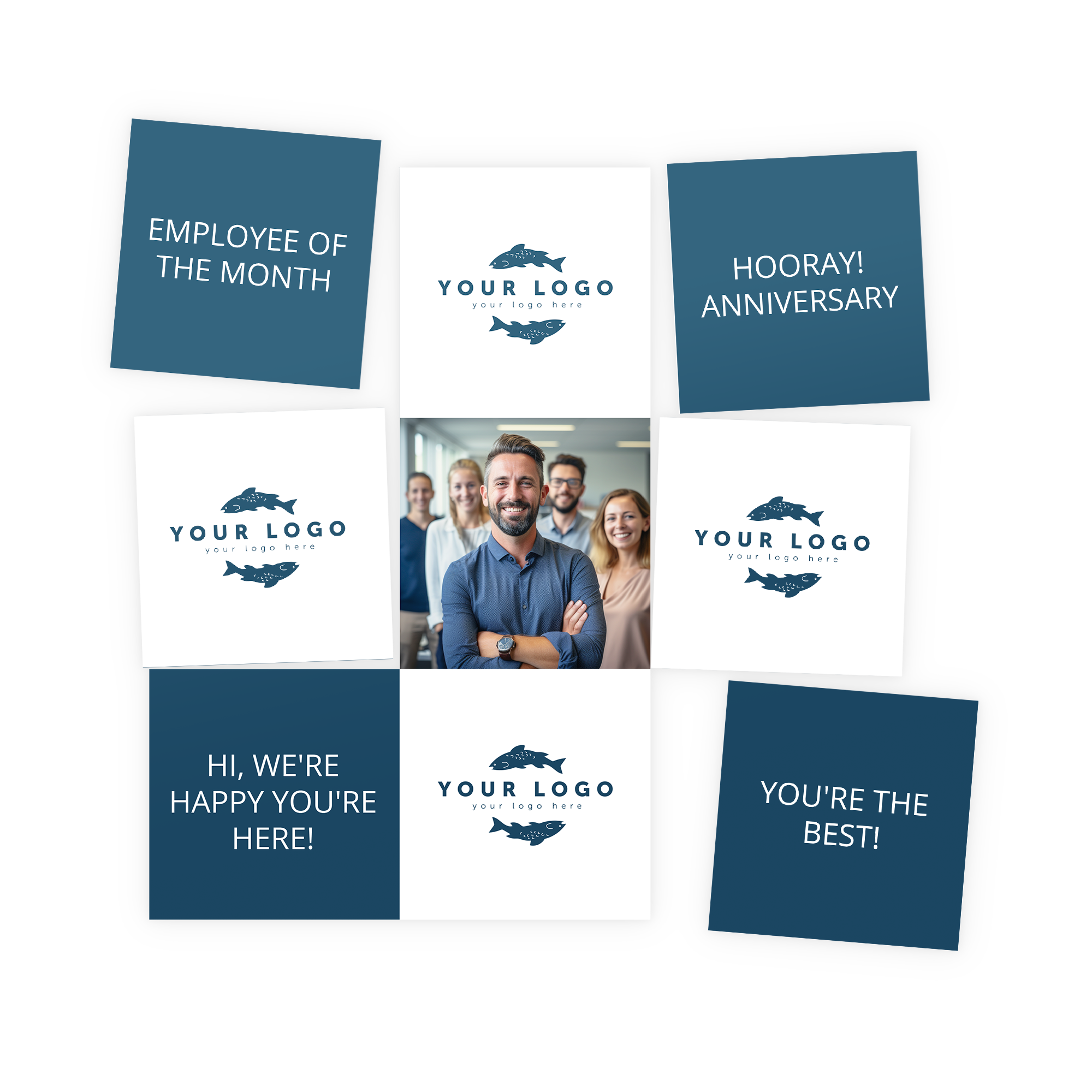 Ímanes personalizados impressos com logos e mensagens de "Funcionário do Mês", "Aniversário" ou "O Melhor"