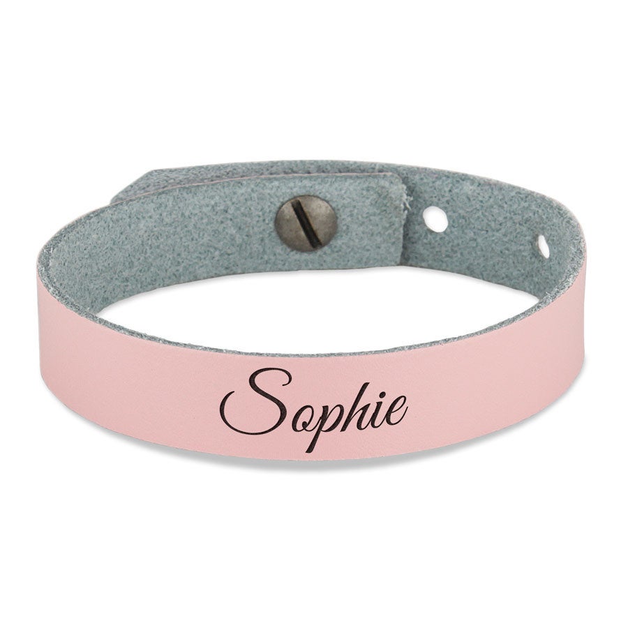 Personalised bracelet - Leather - Pink - Engraved - 23.5 cm