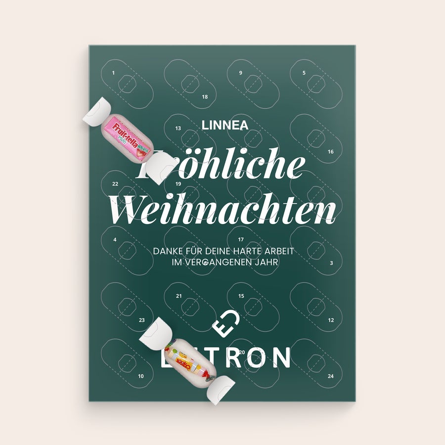Personalisierter Süßigkeiten-Countdown-Kalender Personalisierter Süßigkeiten-Adventskalender in Dunkelgrün, bedruckt mit dem Namen Linnea und frohe Weihnachten