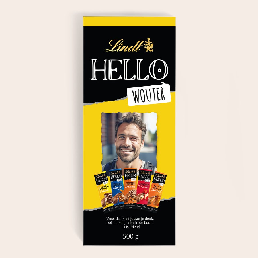 Mega Lindt Hello Chocoladereep Mega Lindt Hello chocoladereep gepersonaliseerd met foto en de naam Wouter gedrukt