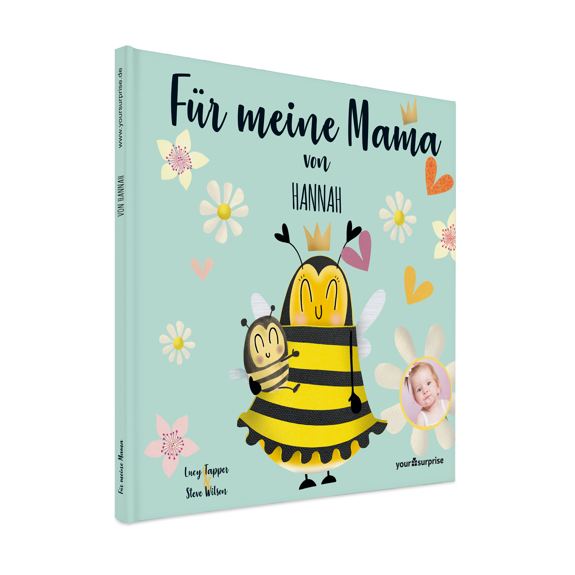 Personalisiertes Buch &#x27;Für meine Mama&#x27; mit Namen Hannah, Foto eines Babys und Illustrationen einer Bienenmutter mit Kind.