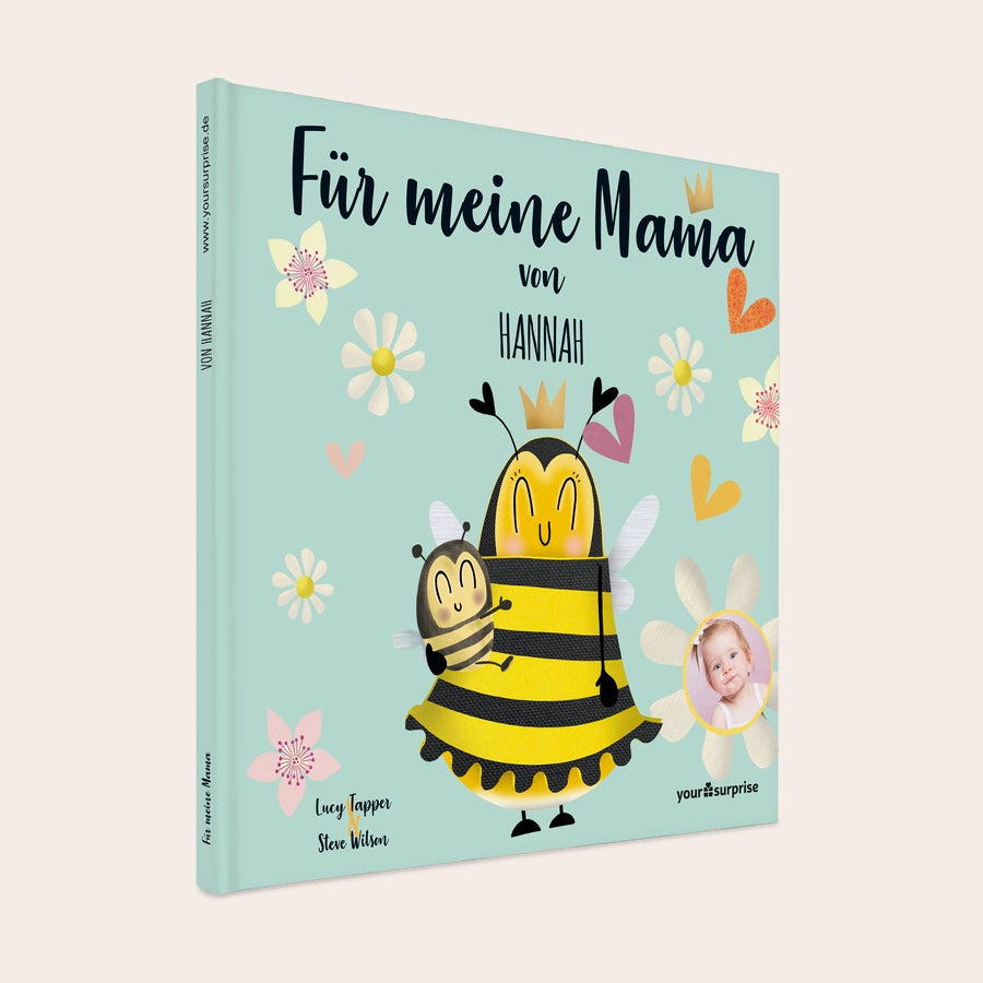 Personalisiertes Buch Mama Personalisiertes Buch 'Für meine Mama' mit Namen Hannah, Foto eines Babys und Illustrationen einer Bienenmutter mit Kind.