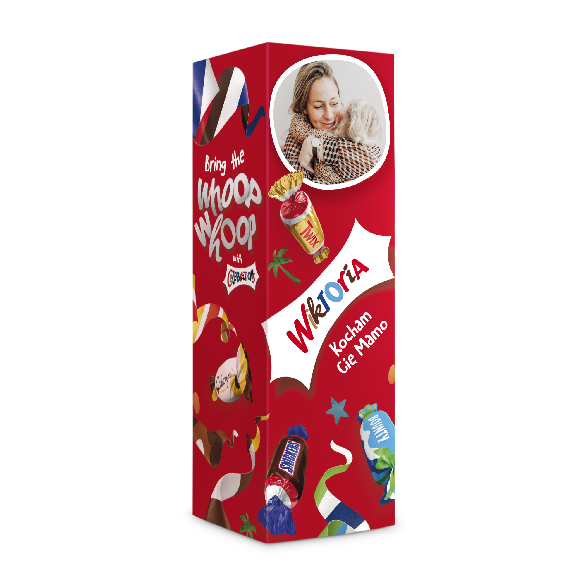 Personalizowana butelka z cukierkami Celebrations z nadrukowanym zdjęciem dziecka z mamą oraz imieniem Wiktoria i tekstem Kocham Cię Mamo.