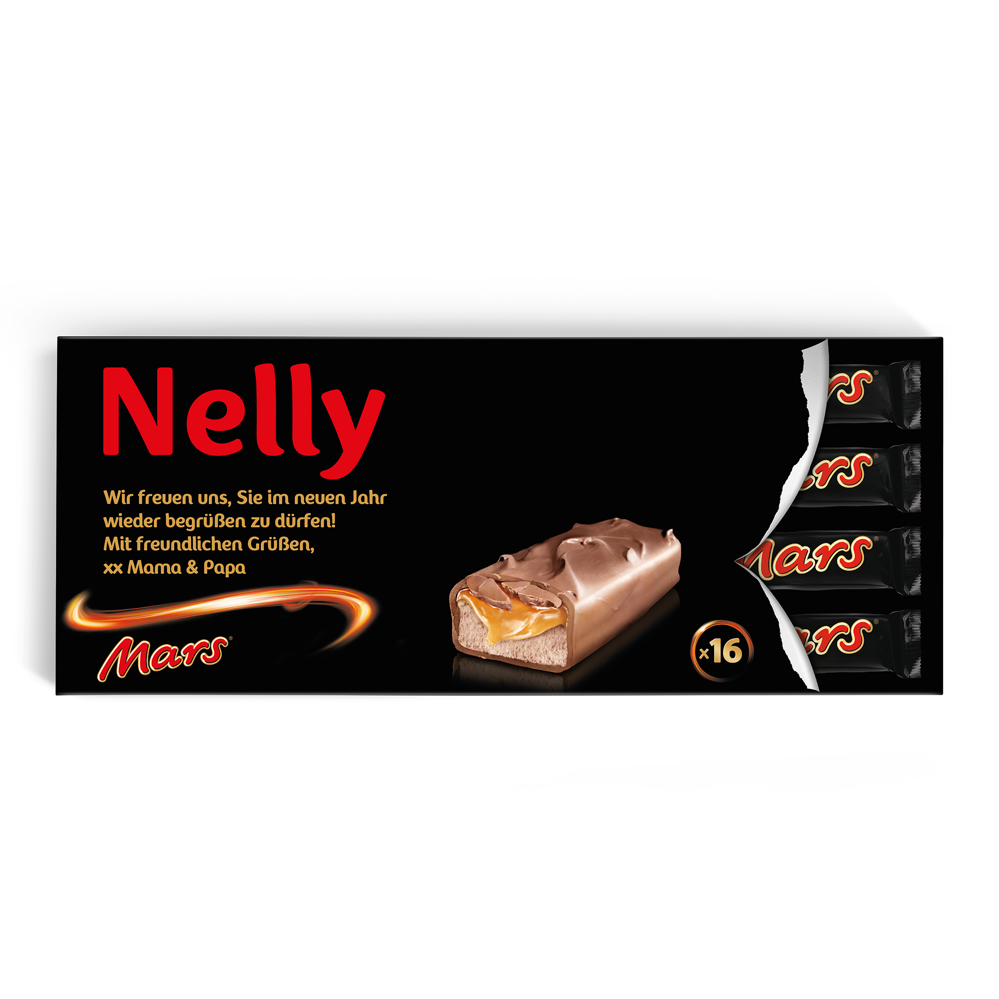 Personalisierter XXL Mars Schokoriegel bedruckt mit dem Namen Nelly und einer Nachricht