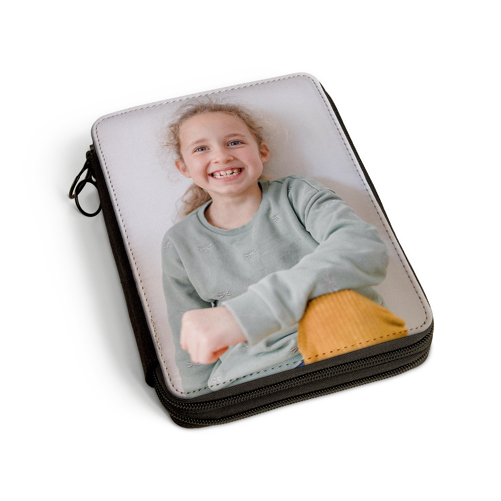 Personalized drawing set case printed with a photo of a smiling girl.