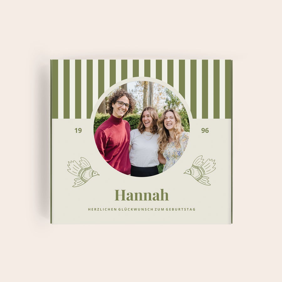Milka Happy Birthday Personalisierte Milka-Geschenkbox mit Foto von drei Personen, dem Namen Hannah, Jahreszahlen 19 und 96, Vögeln und dem Text Herzlichen Glückwunsch zum Geburtstag.