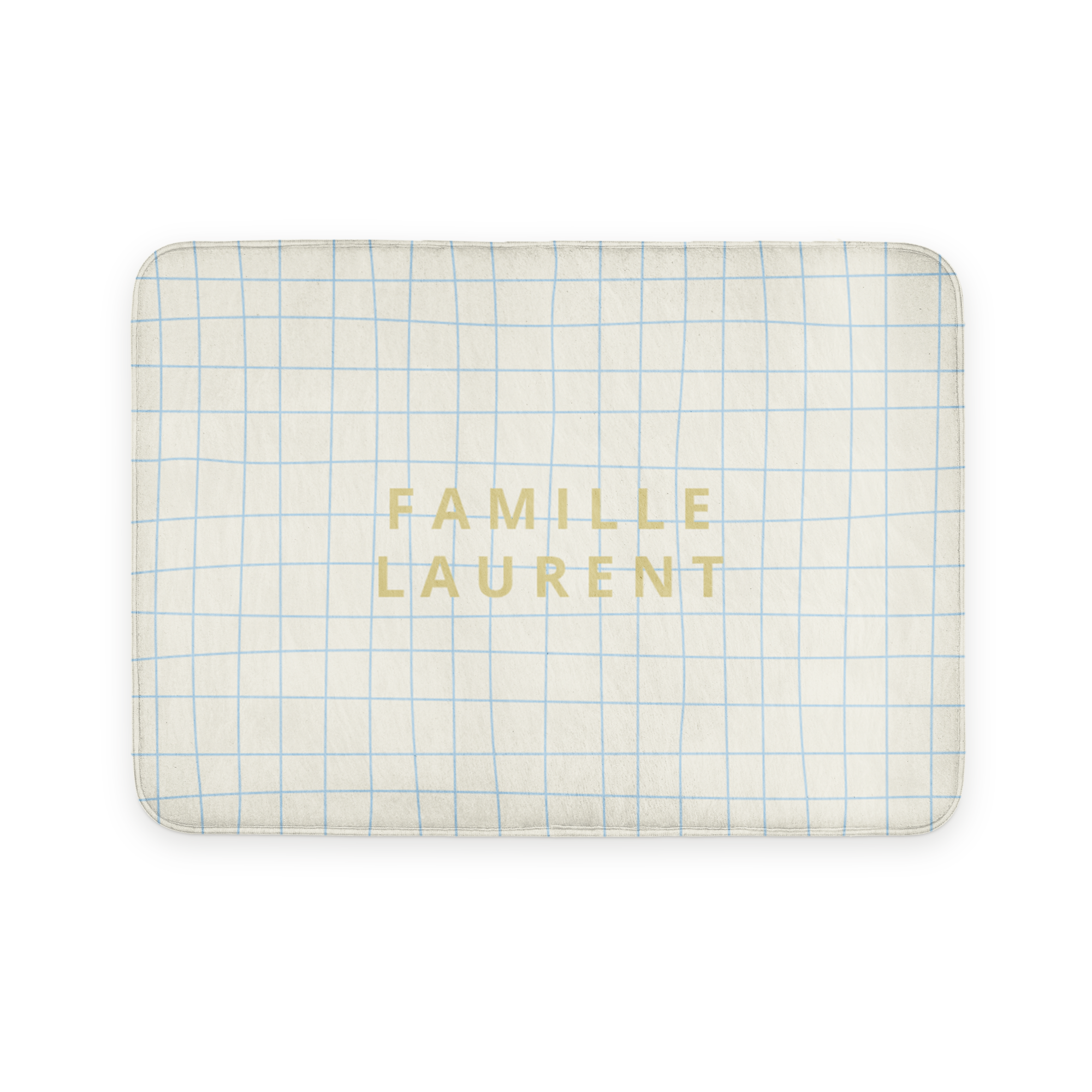 Tapis de bain personnalisé blanc à carreaux bleus imprimé Famille Laurent transformez votre salle de bain en havre de paix