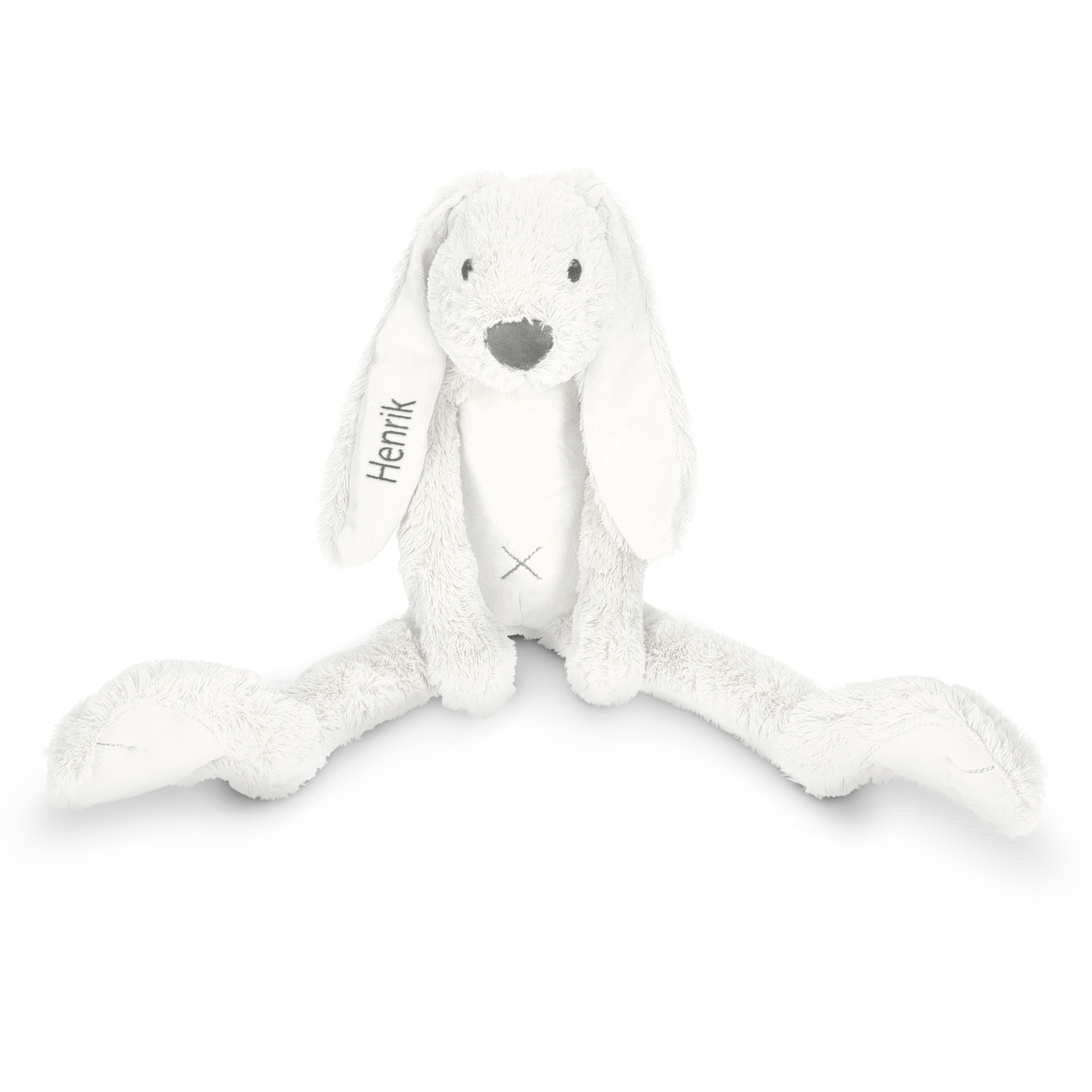 Søt, hvit kosekanin fra Rabbit Richie med navnet Henrik brodert på venstre øre.