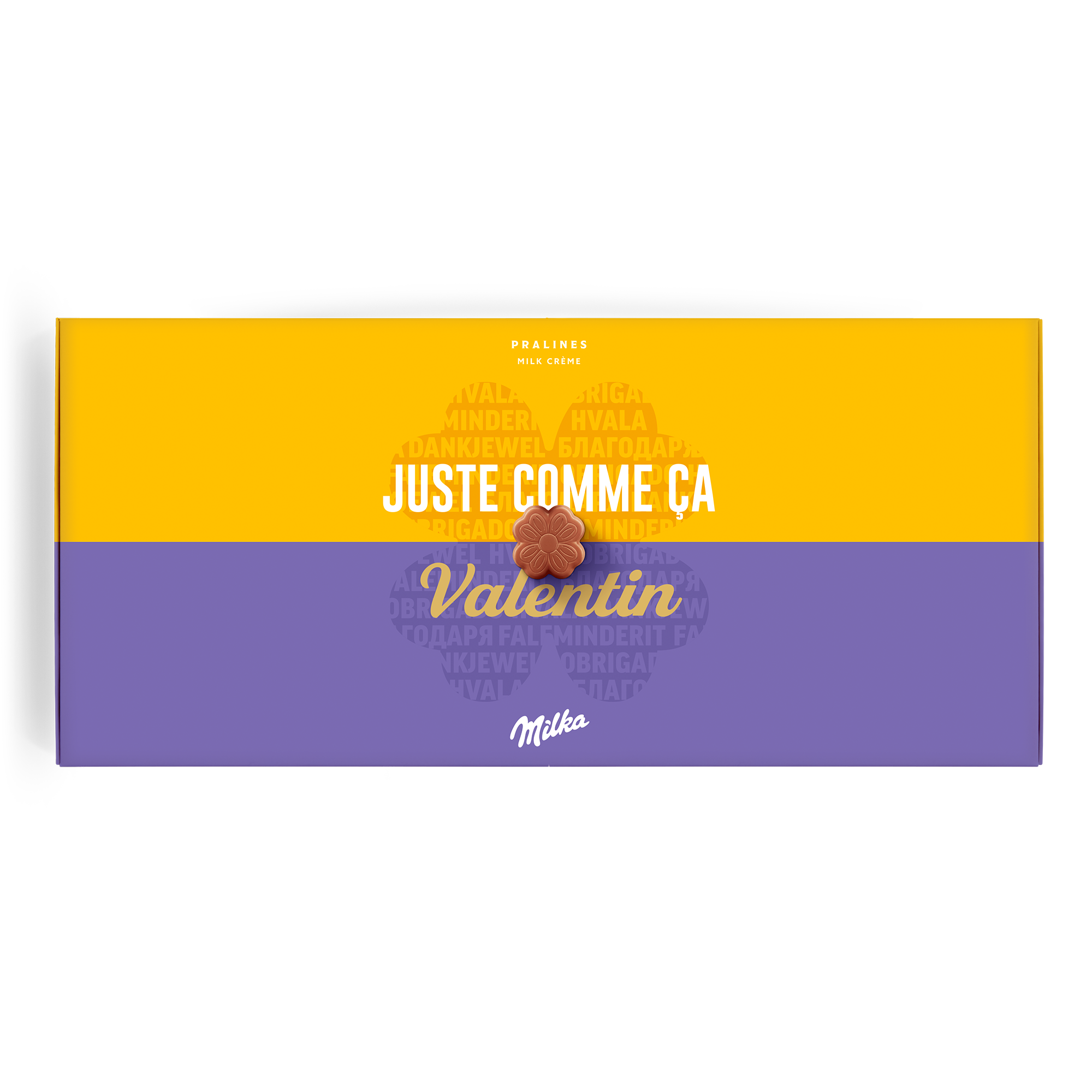 Coffret Milka personnalisé imprimé avec les mots Juste comme ça Valentin pour dire merci