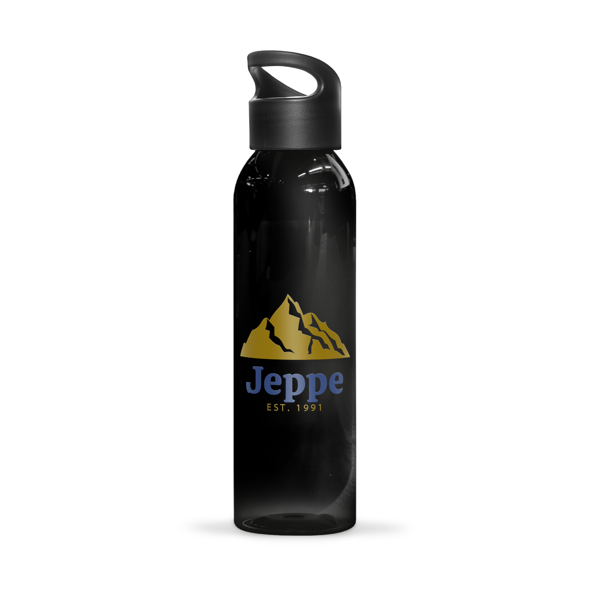 Sort drikkedunk med printet gul bjergtop, blåt navn "Jeppe" og "EST. 1991". Design din egen drikkedunk.