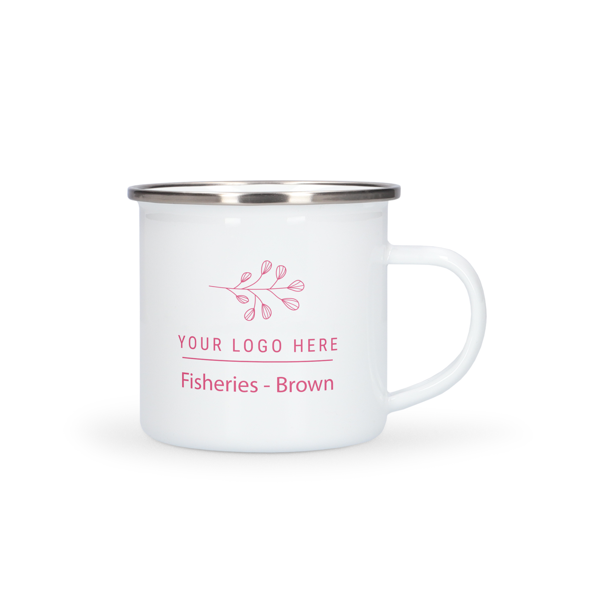 Tazza smaltata bianca personalizzata con stampa "Your Logo Here Fisheries - Brown" e motivo floreale rosa