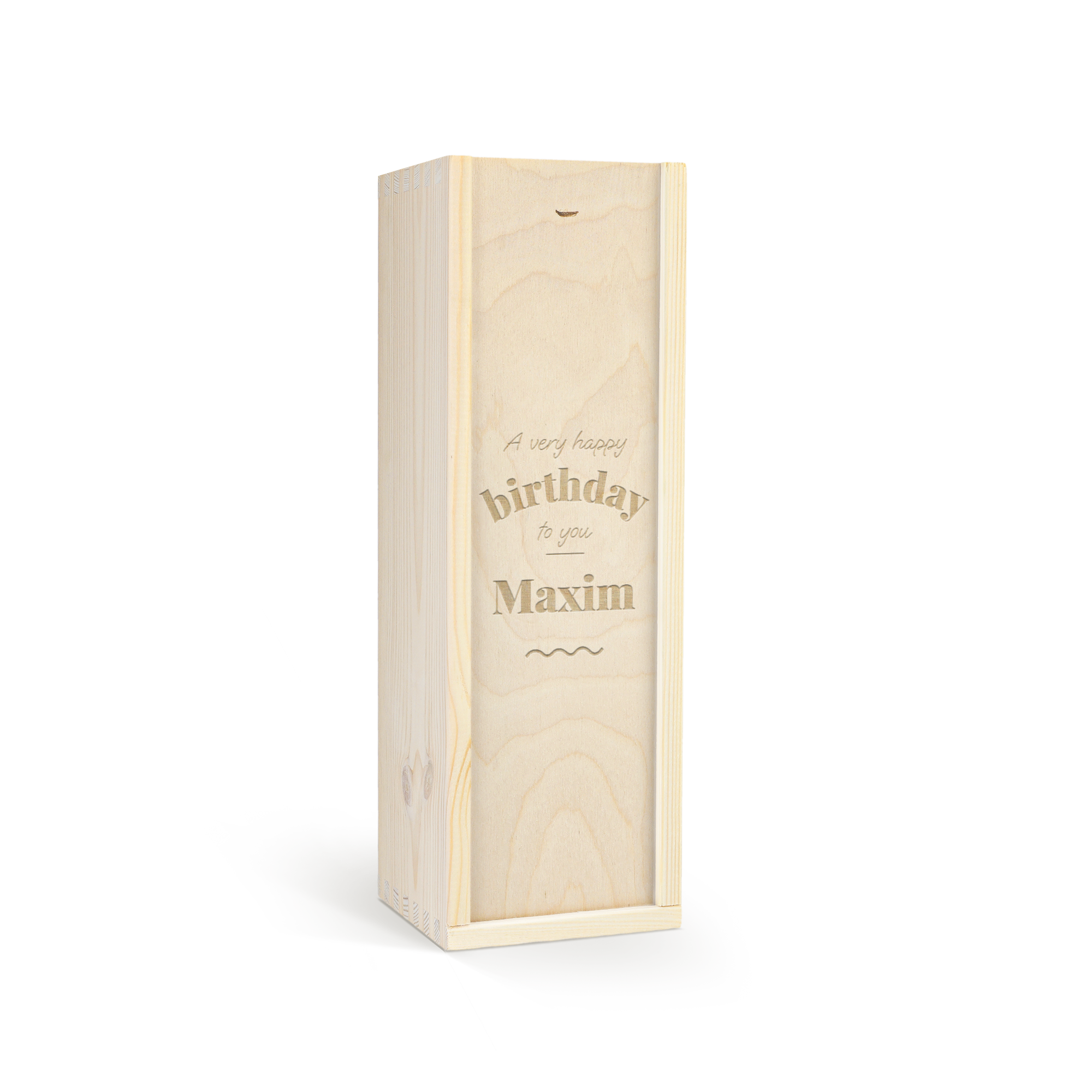 Houten kist gegraveerd met "A very happy birthday to you Maxim" voor fles vodka