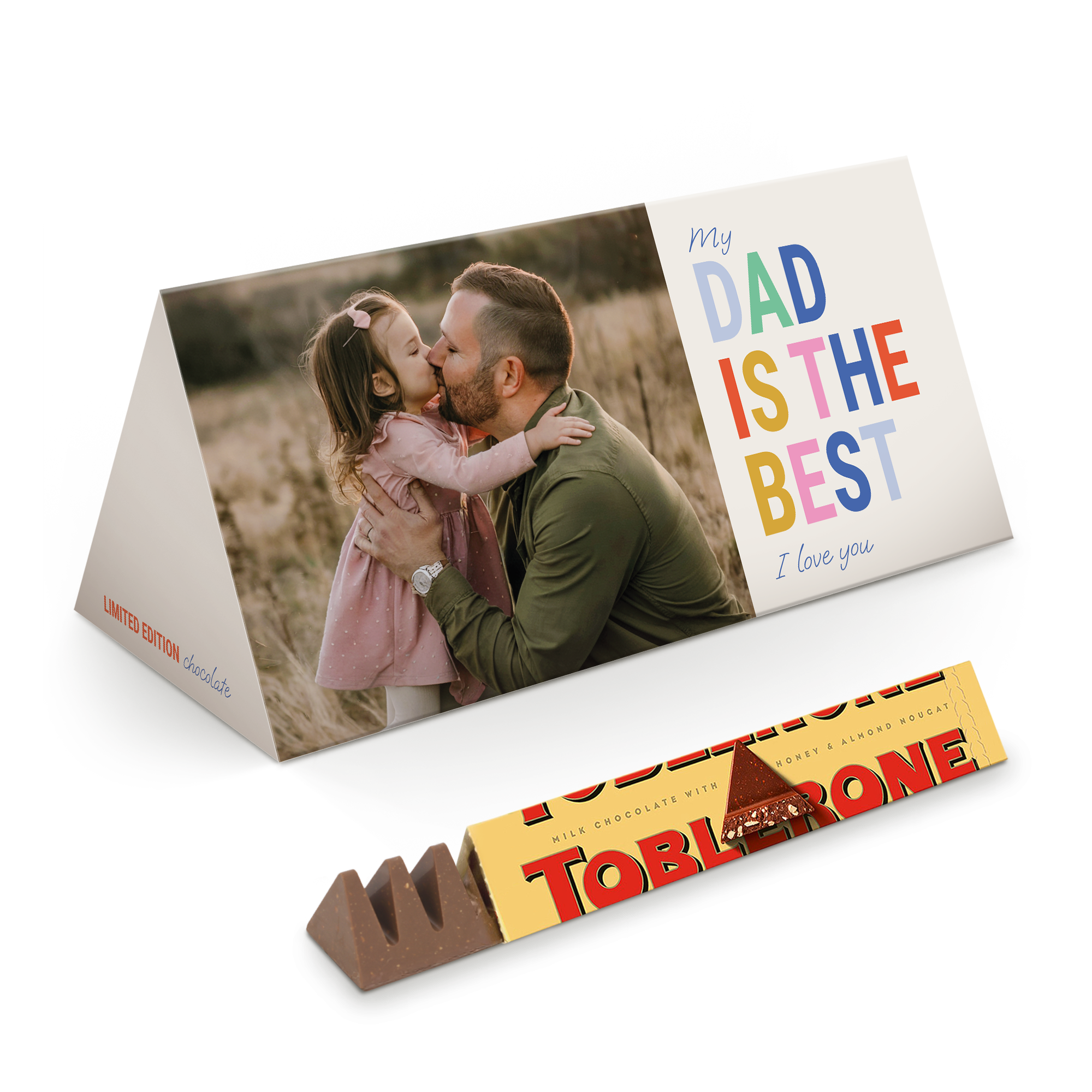 Personalised XL Toblerone Selection chocolate bar printed with a photo of a dad and daughter and "My Dad is the Best" message.