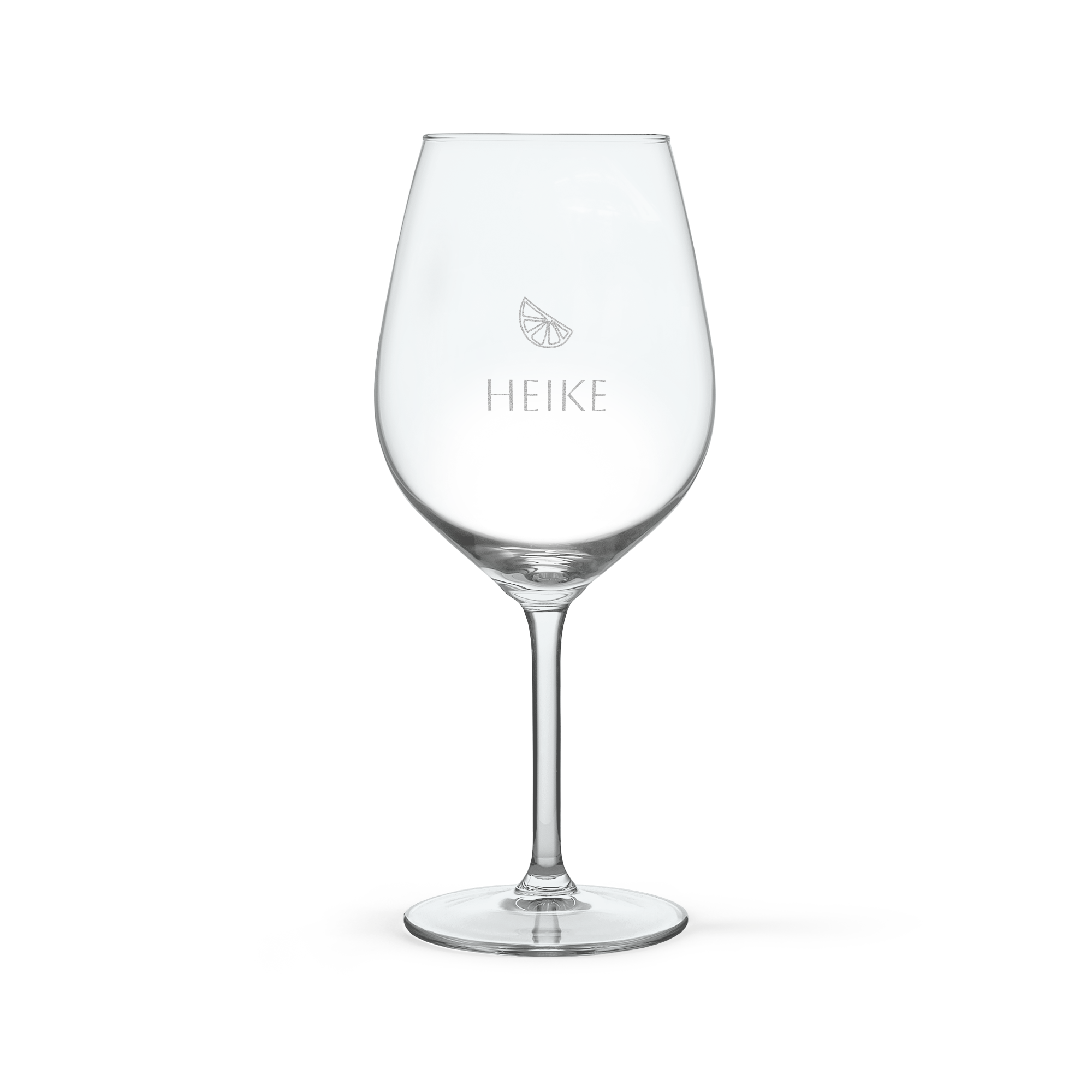 Aperol Spritz Glas mit dem Namen Heike und einem Zitronenscheiben-Symbol graviert