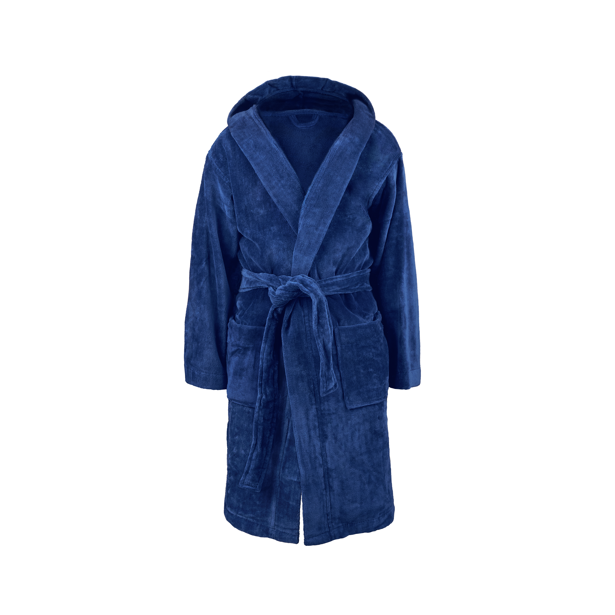 Donkerblauwe kinderbadjas met capuchon en strikband. De kinderbadjas met naam kan worden gepersonaliseerd.