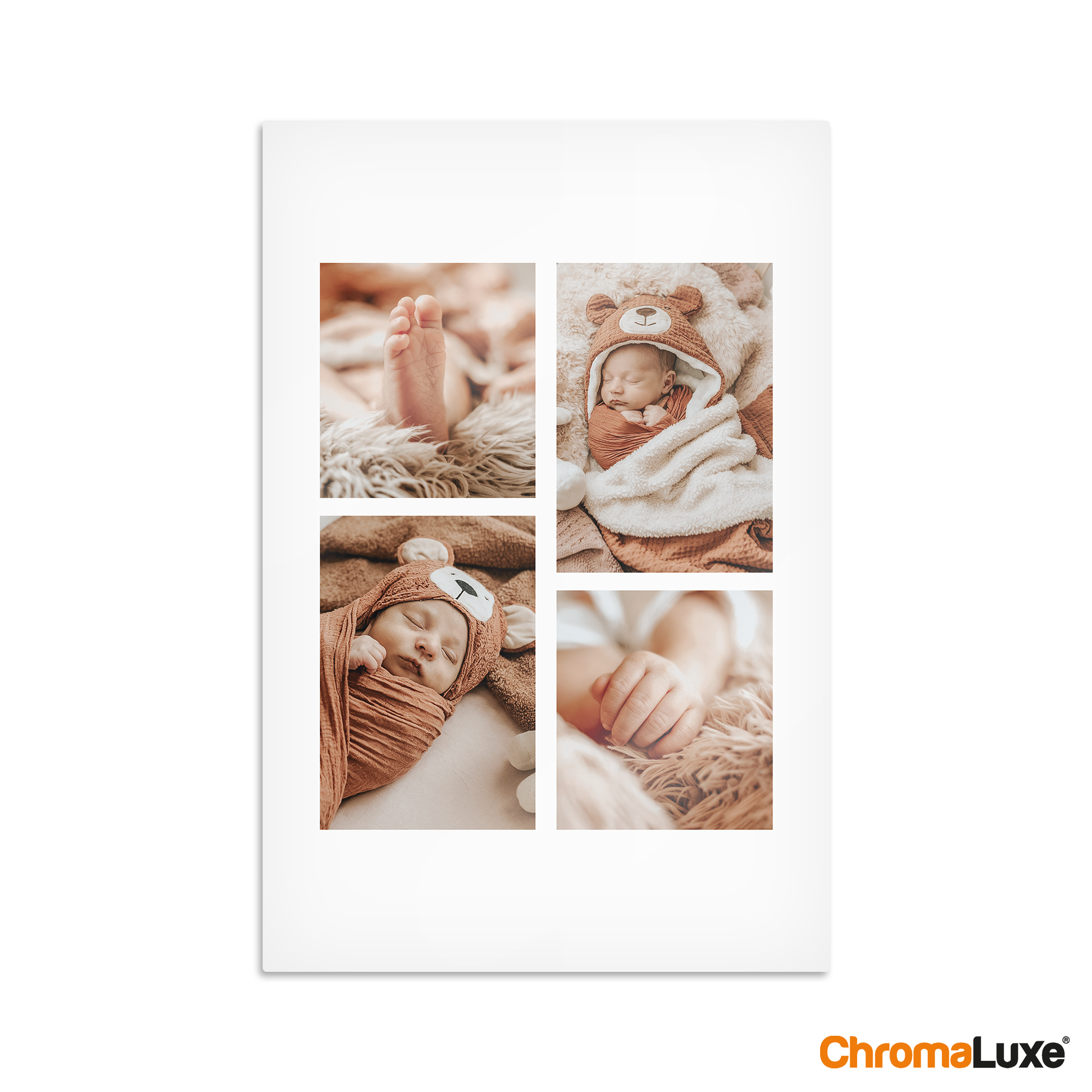 Fototafel bedruckt mit vier personalisierten Babyfotos, darunter schlafende Babys und Babyfüße.
