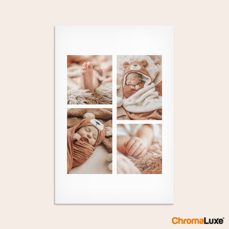 Impression photo sur aluminium Tableau photo personnalisé ChromaLuxe imprimé avec un collage de quatre photos de bébé endormi