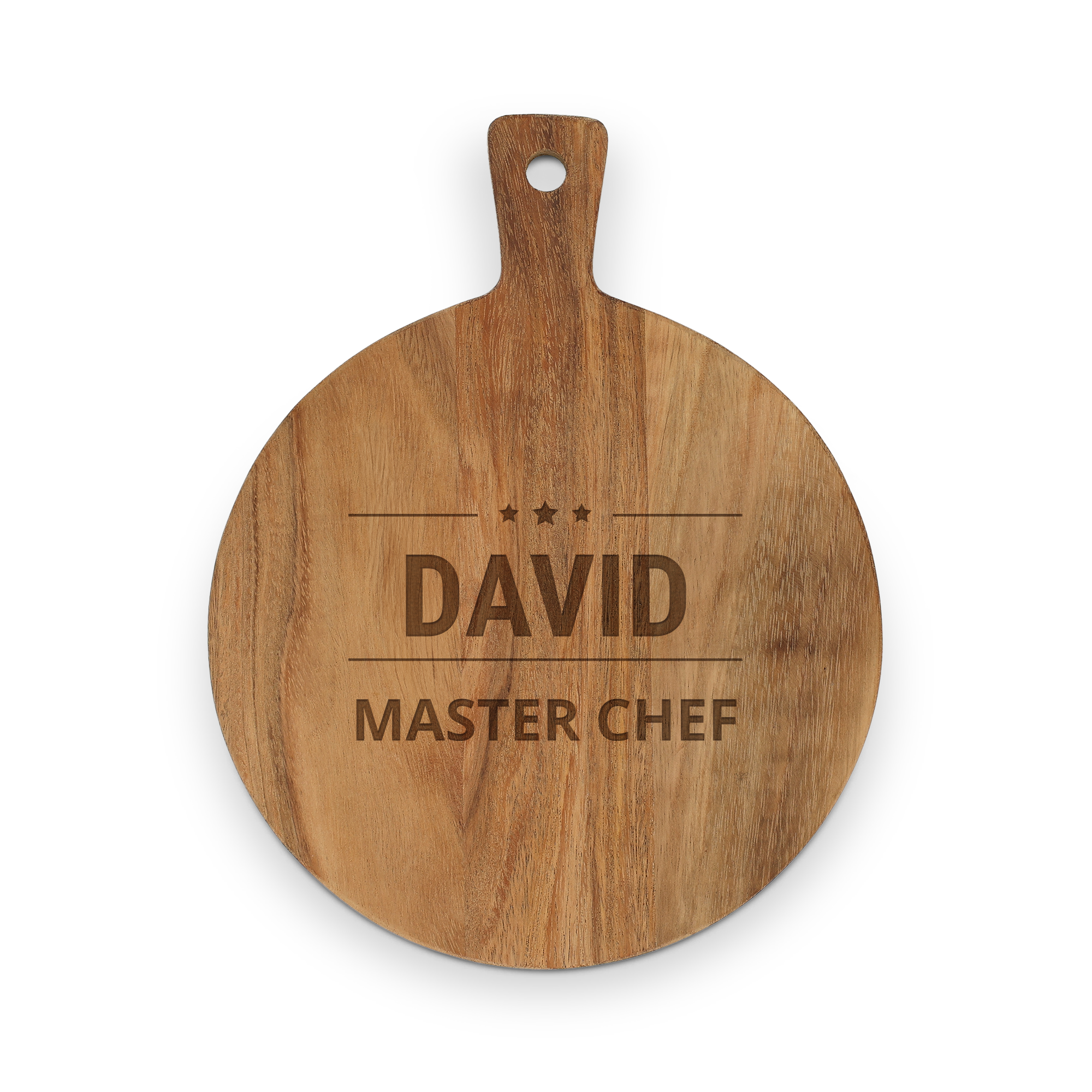Drevený servírovací podnos s menom David Master Chef gravírovaný na podnose s rukoväťou.