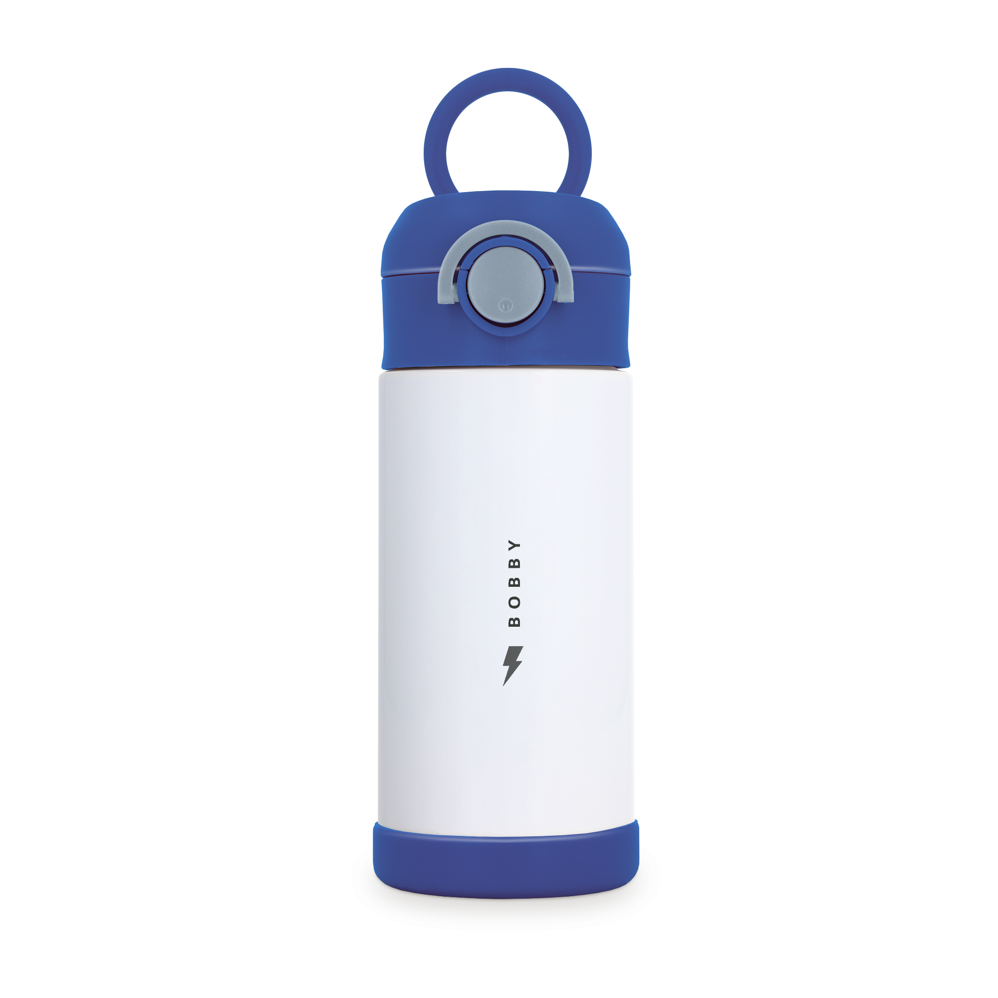 Botella de agua de acero inoxidable para niños, personalizada con el nombre "BOBBY" y un rayo, tapa azul y base a juego.