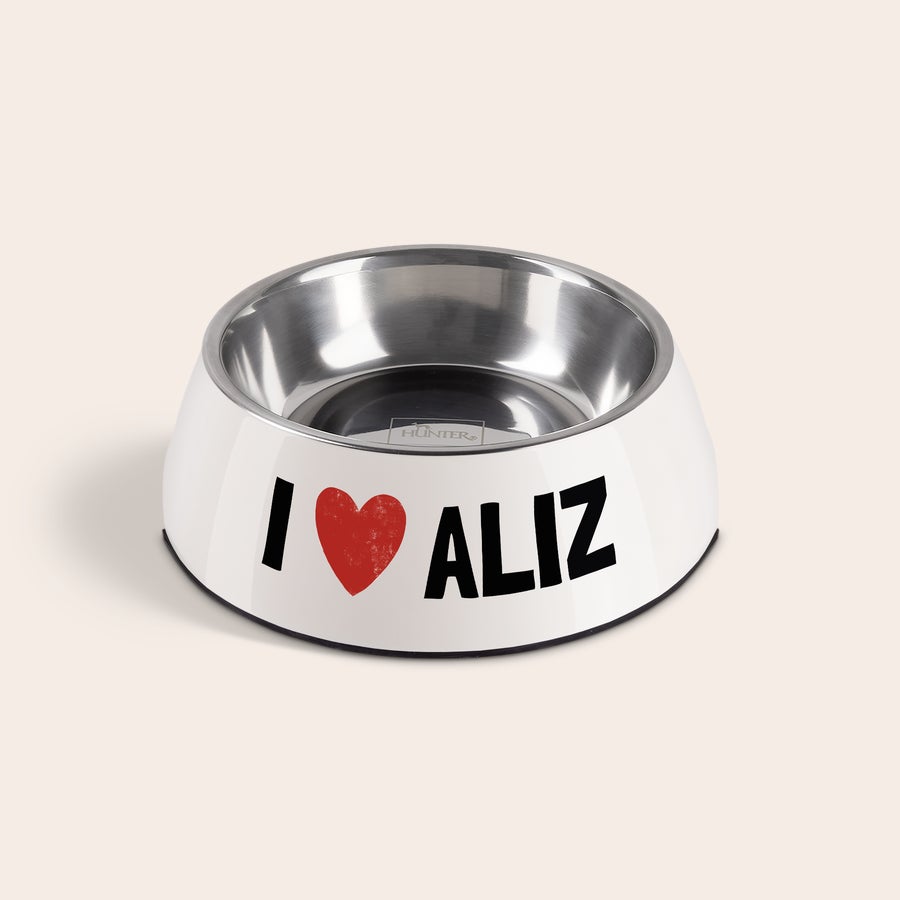 Hundenapf personalisiert Personalisierter Futternapf für Hunde in Weiß mit "I ❤️ ALIZ" Aufdruck