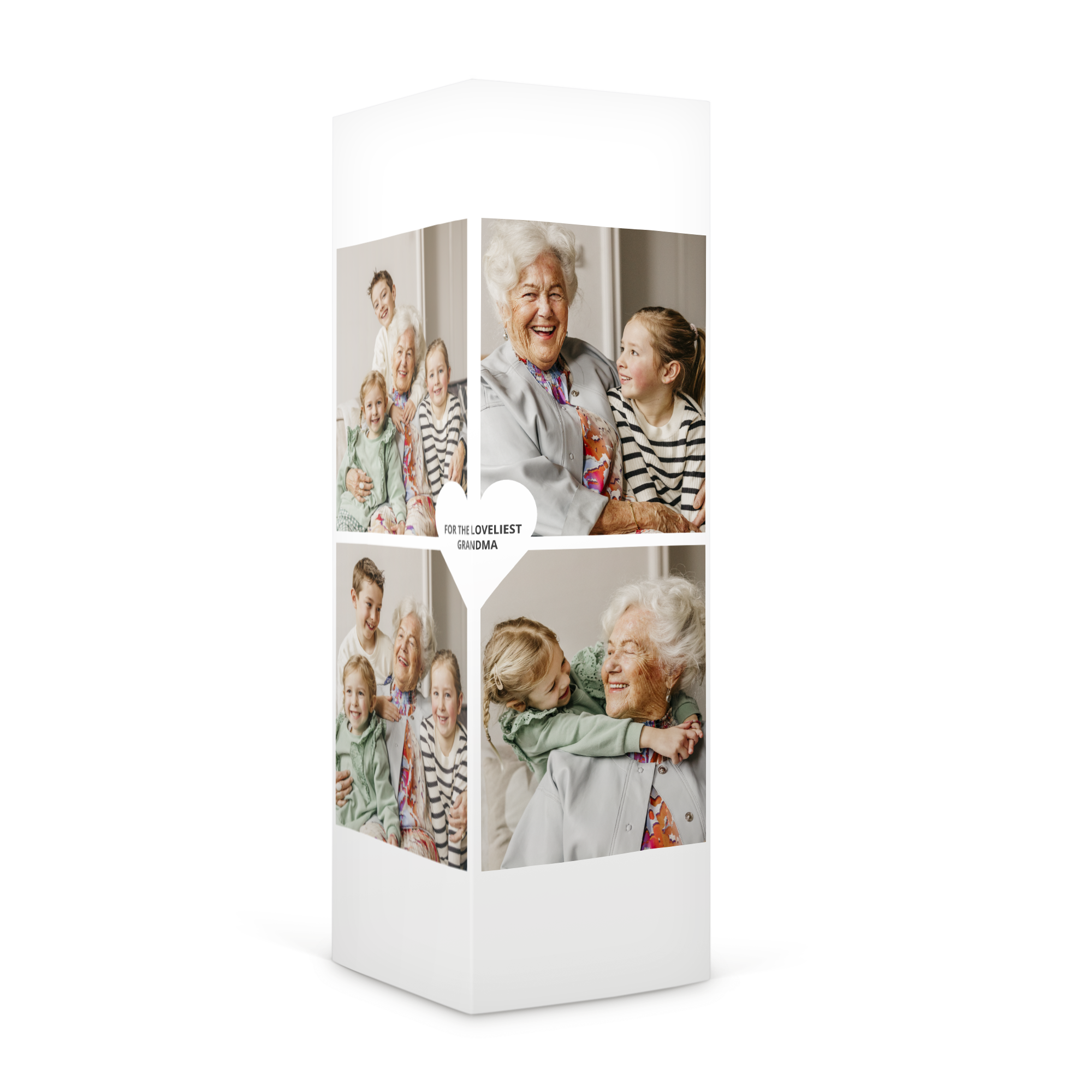 Personalised gift box for M&Ms printed with family photos and the text For the Loveliest Grandma