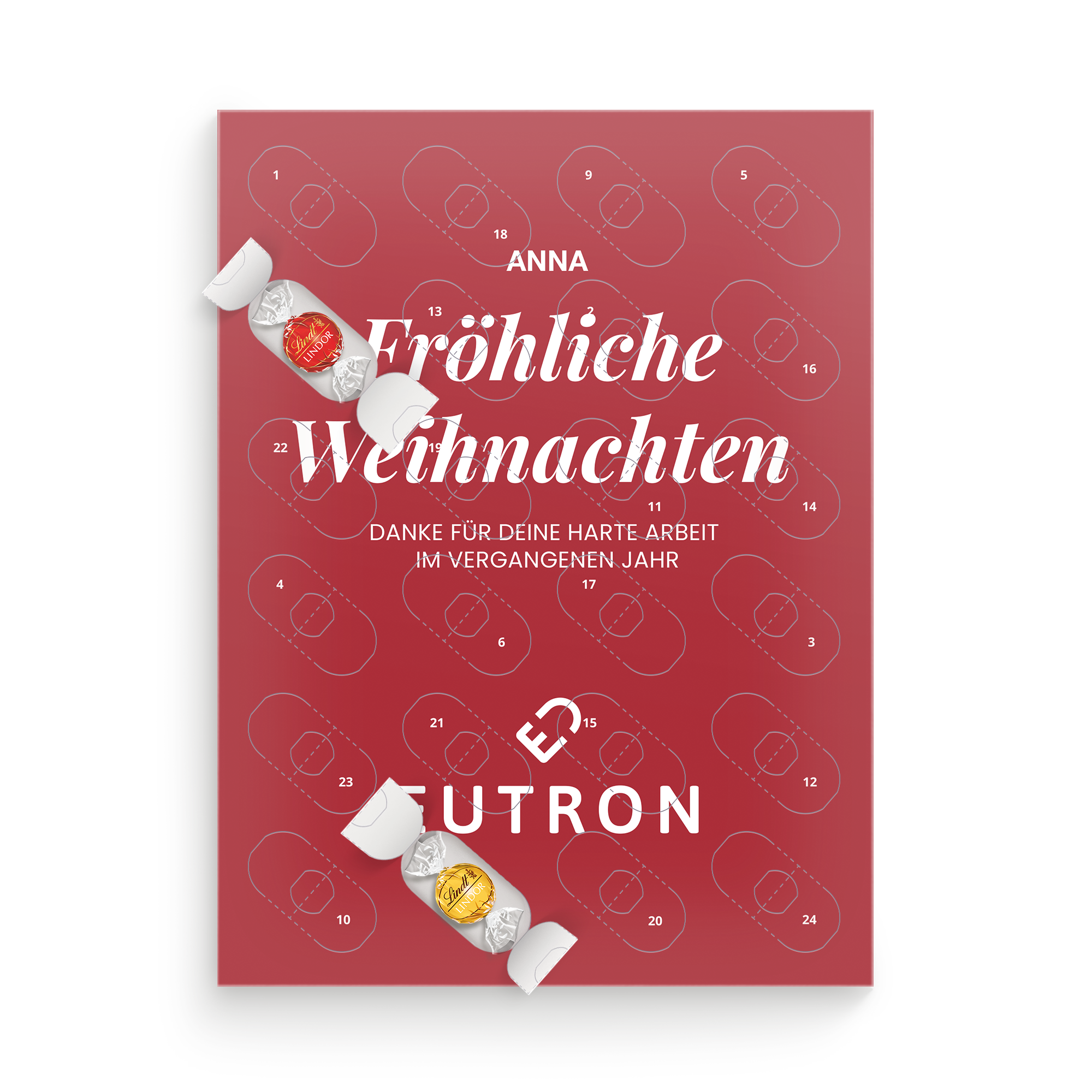 Personalisierter Adventskalender mit Lindor Assorti Mix bedruckt mit individuellem Namen und Text auf rotem Hintergrund