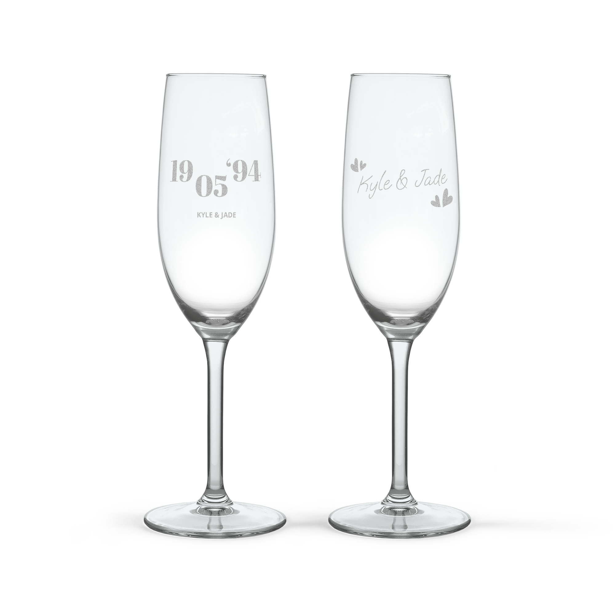 Moët et Chandon gift set with two champagne glasses engraved with names and dates, a gift to toast with