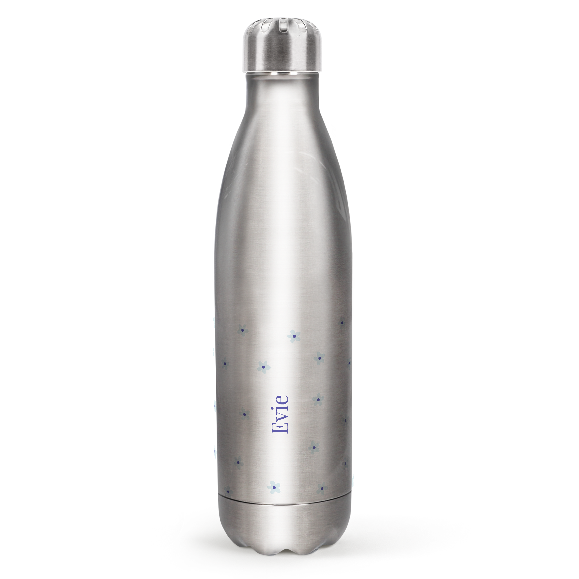 Personalised adventure companion aluminum insulated water bottle, printed with the name Evie and a blue floral pattern