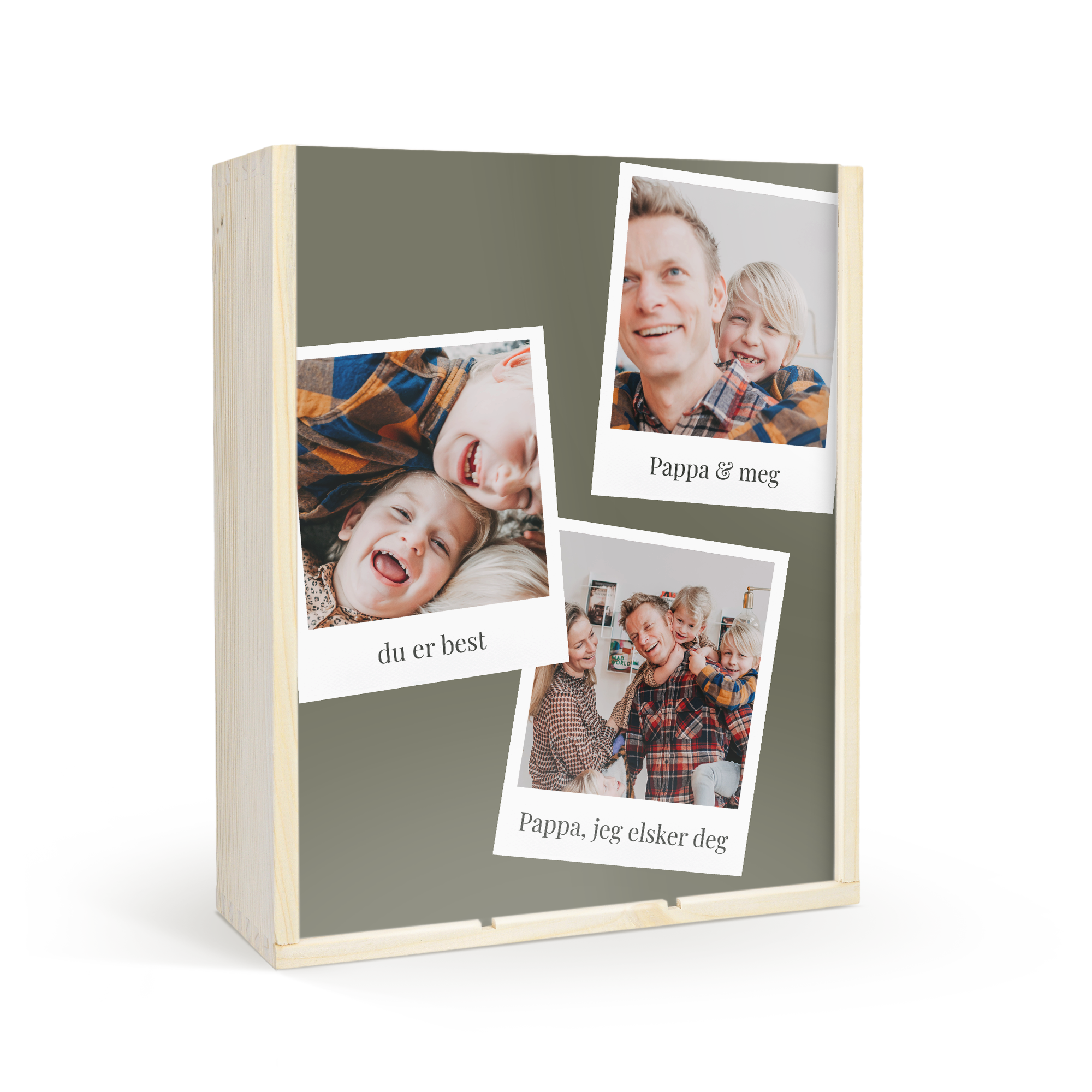 Ha en fantastisk vinkasse trykt med personlige familiefoto og tekstene "Pappa & meg", "du er best" og "Pappa, jeg elsker deg".