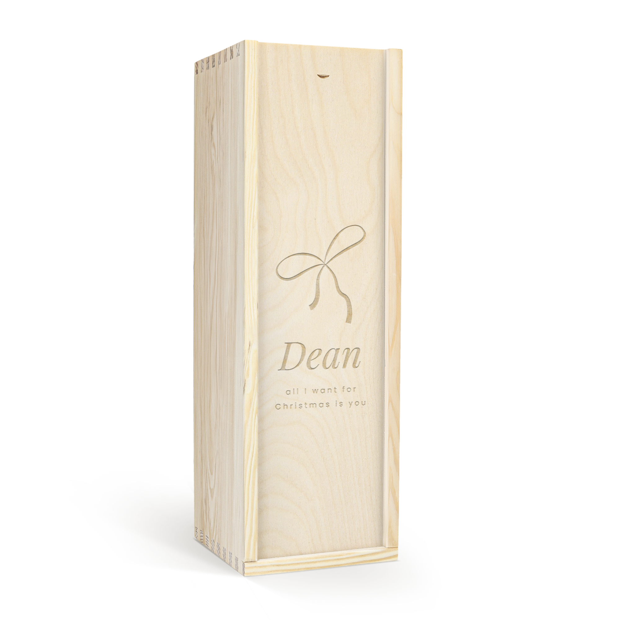 Gegraveerde houten kist voor whisky met naam Dean en tekst all I want for Christmas is you