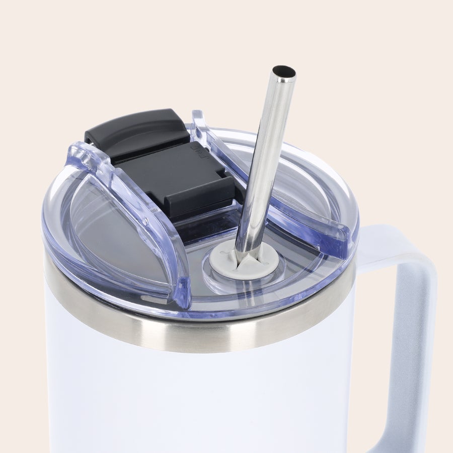 Personalisierter Thermobecher mit Henkel und Strohhalm
