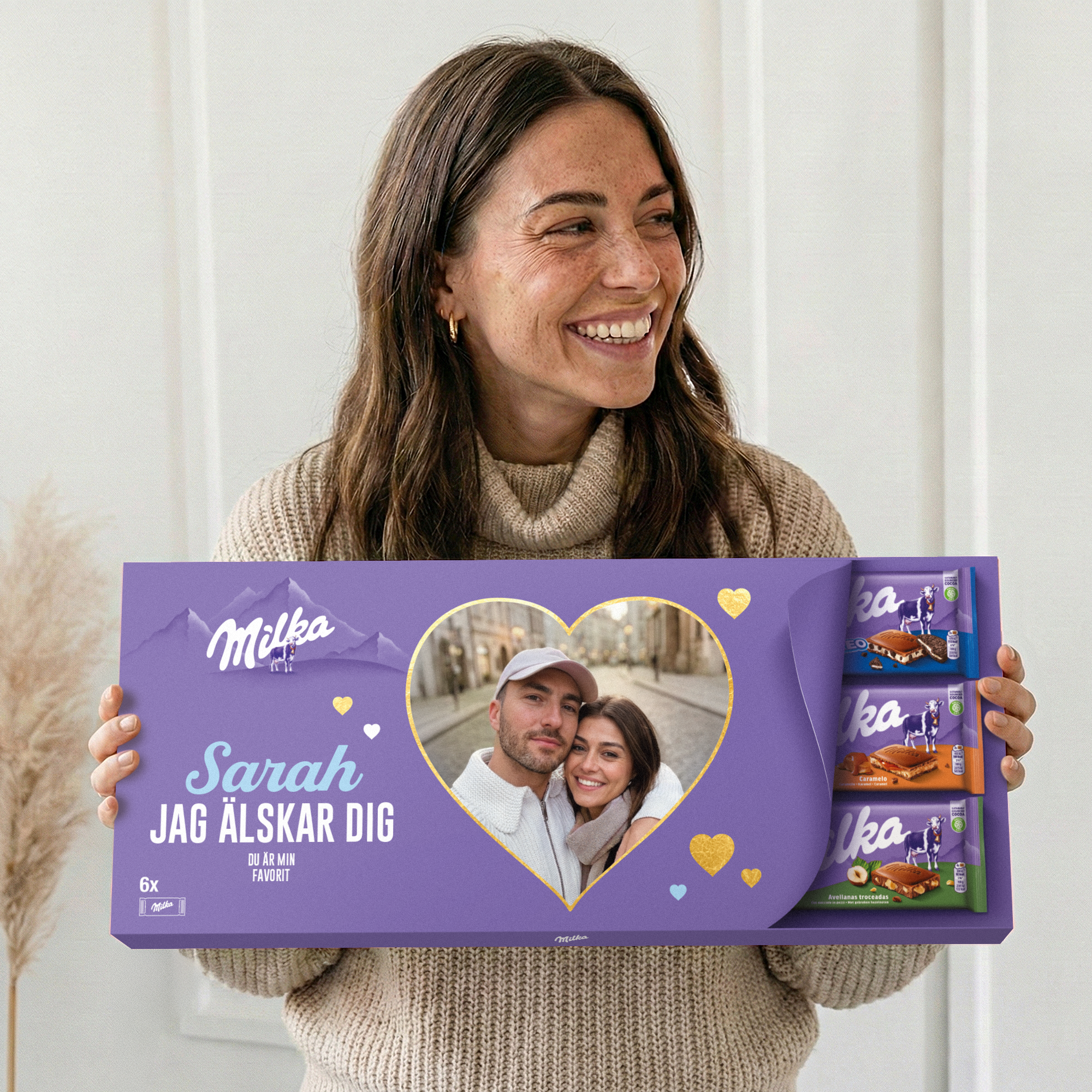 XXL personlig Milka chokladkaka - 6 barer med tryckt foto, namnet Sarah och texten Jag älskar dig du är min favorit.