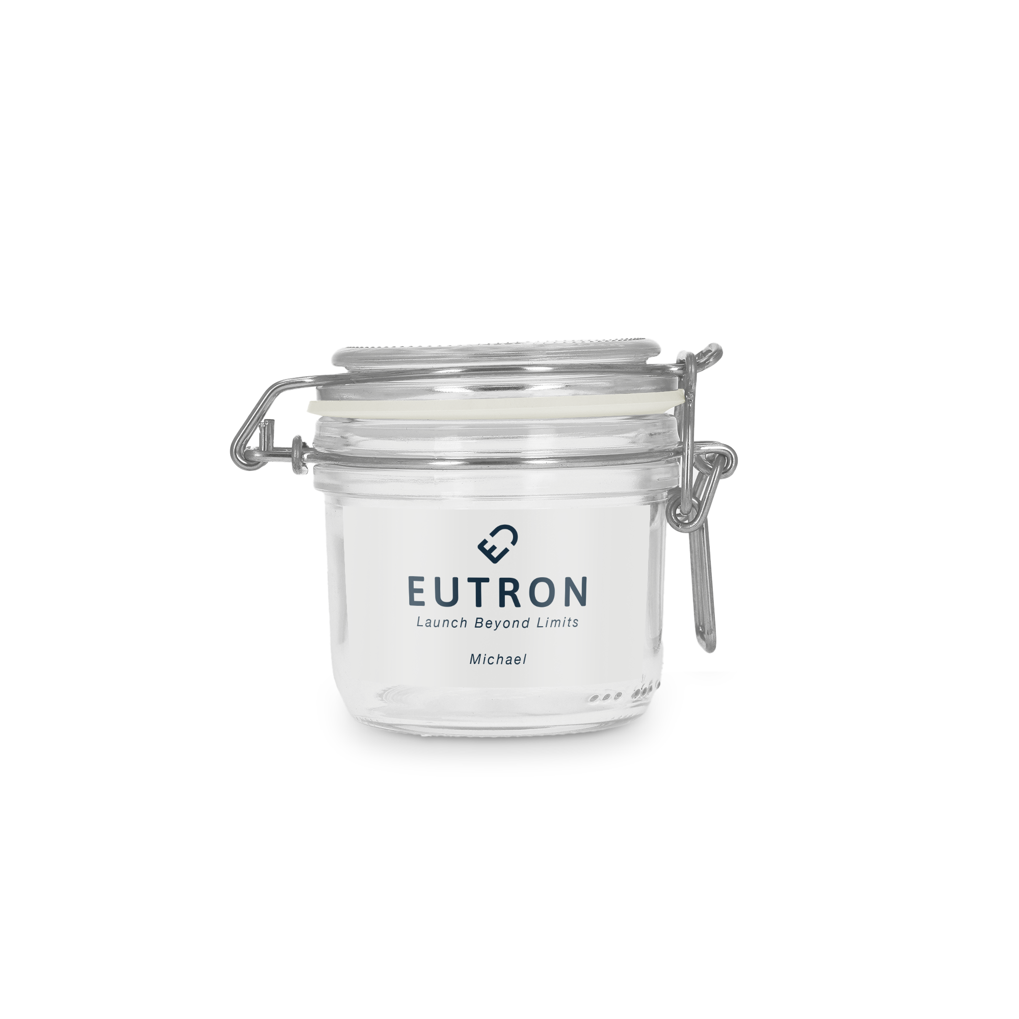 Sklenená dóza s vrchnákom s objemom 200 ml, personalizovaná s bielym štítkom, logom a menom Michael.
