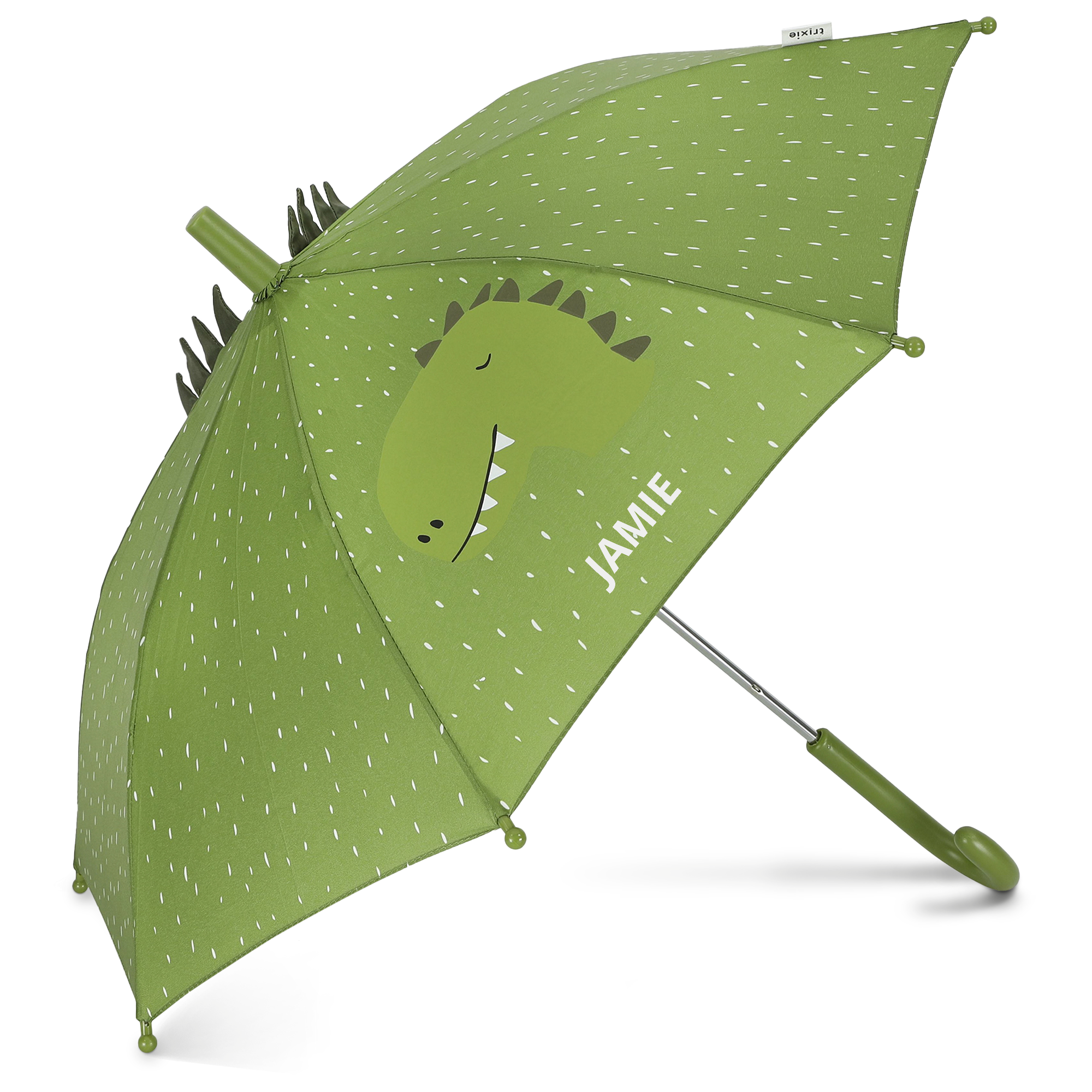 Groene kinderparaplu met dinosaurus en spikes, geprint met de naam Jamie. Door de regen lopen wordt een feestje met deze dierenparaplu met naam.