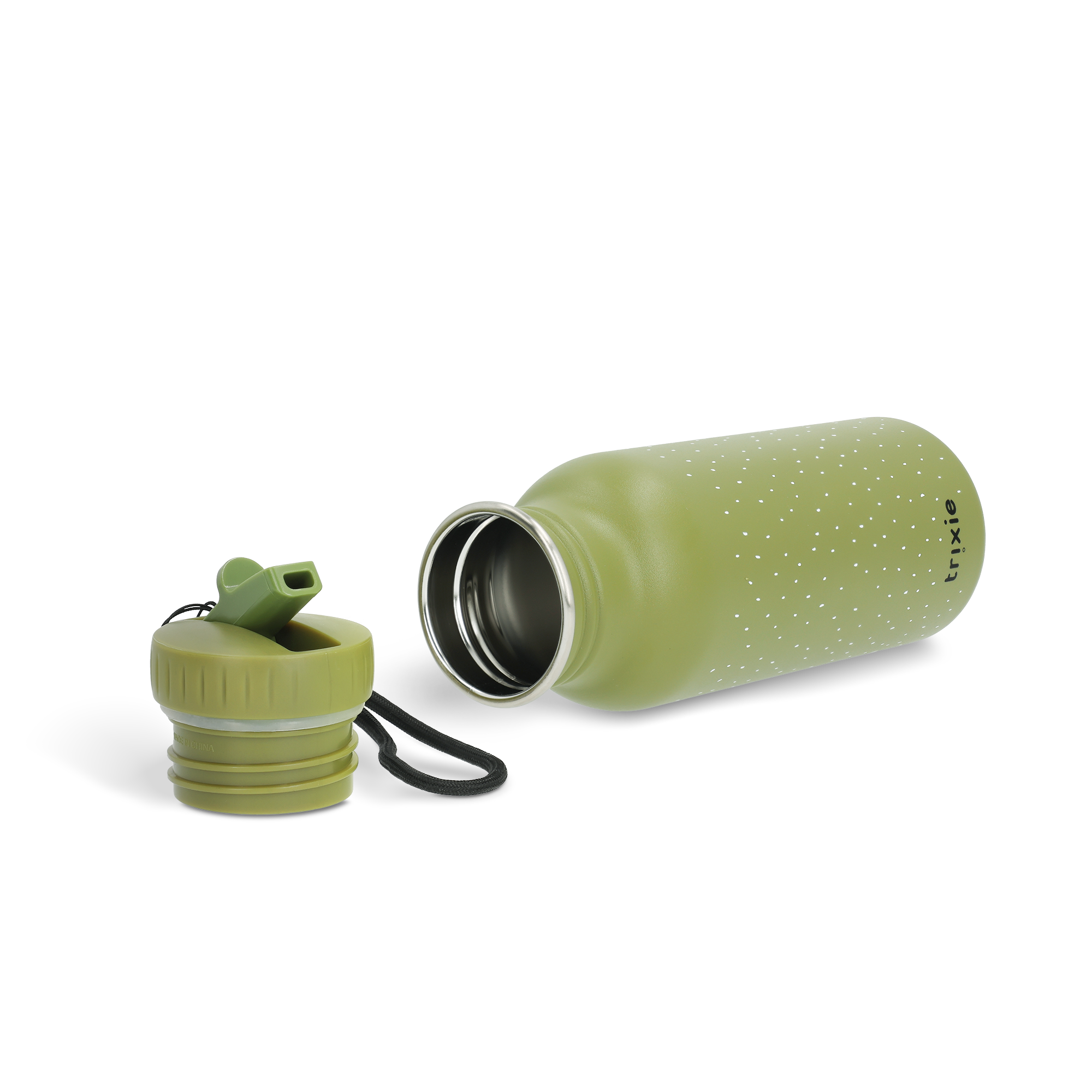 Bouteille d'eau Trixie verte avec motif à pois et capuchon, personnalisée par gravure laser