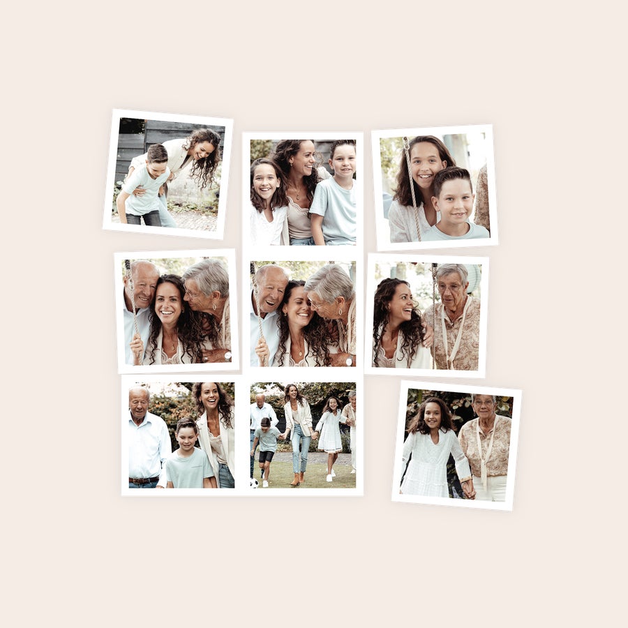 Feuille d'aimants Aimants personnalisés avec un collage de photos de famille imprimé, plusieurs visages souriants visibles.