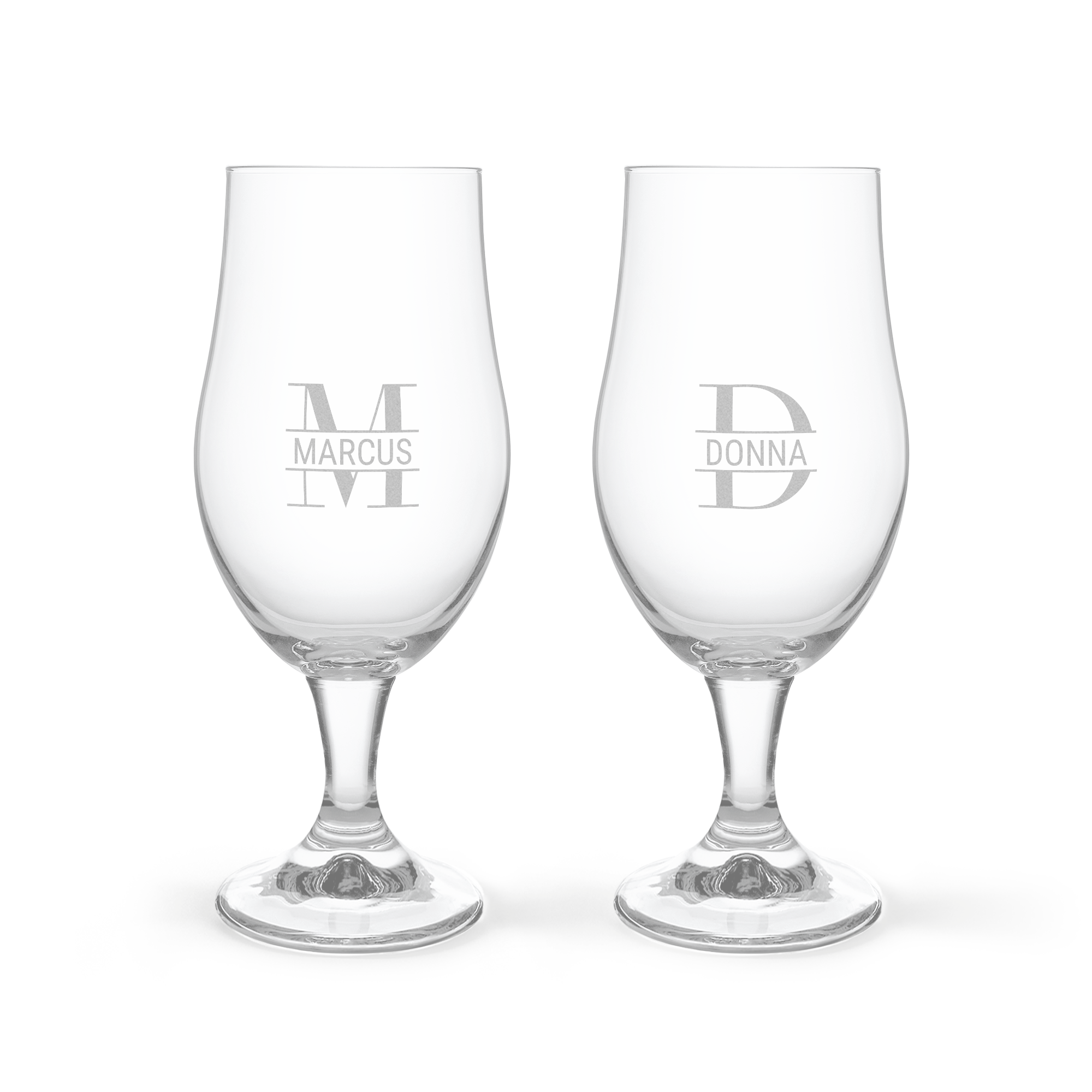 Personalized beer glasses engraved with names for a beer and snacks gift set